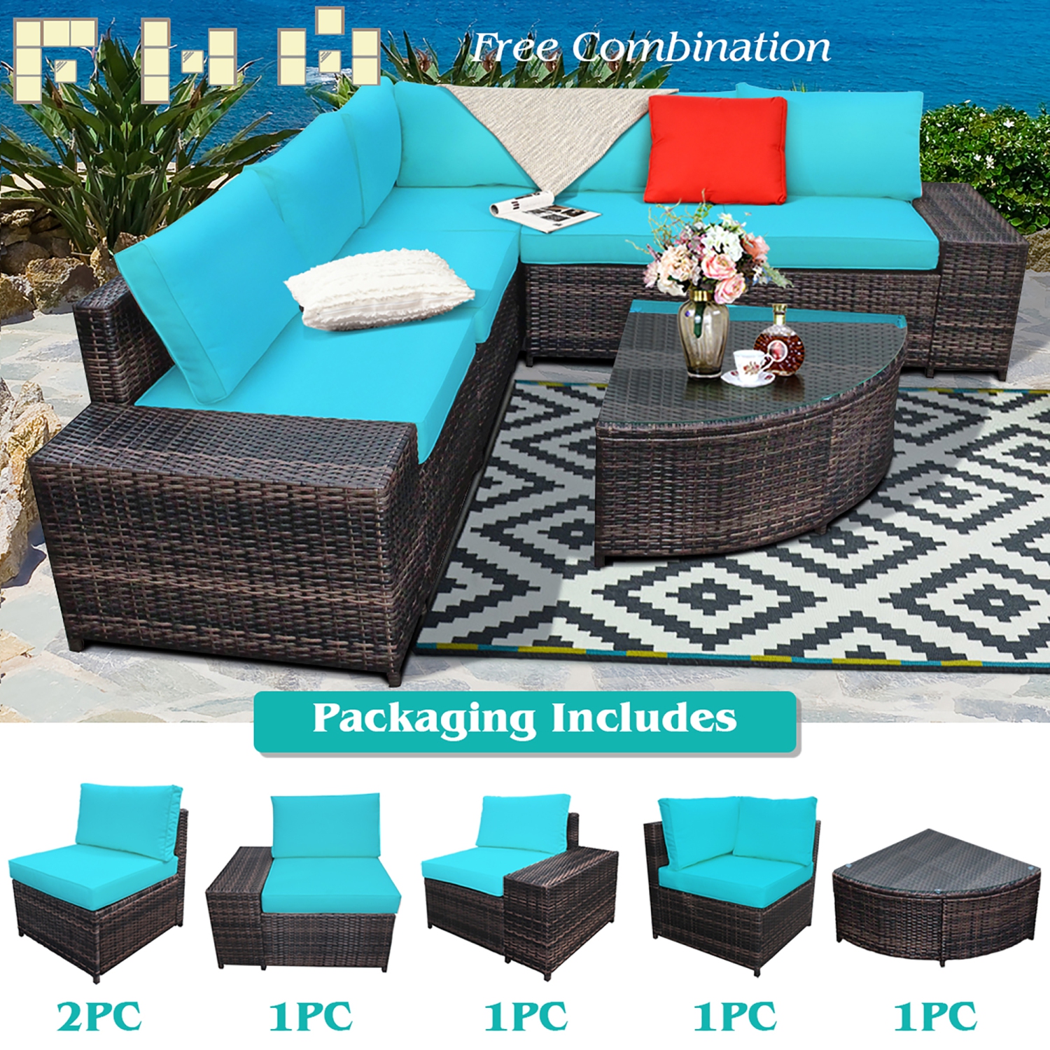 Costway 6PCS Rattan Furniture Set Conversation Cushioned Sofa Armrest Garden