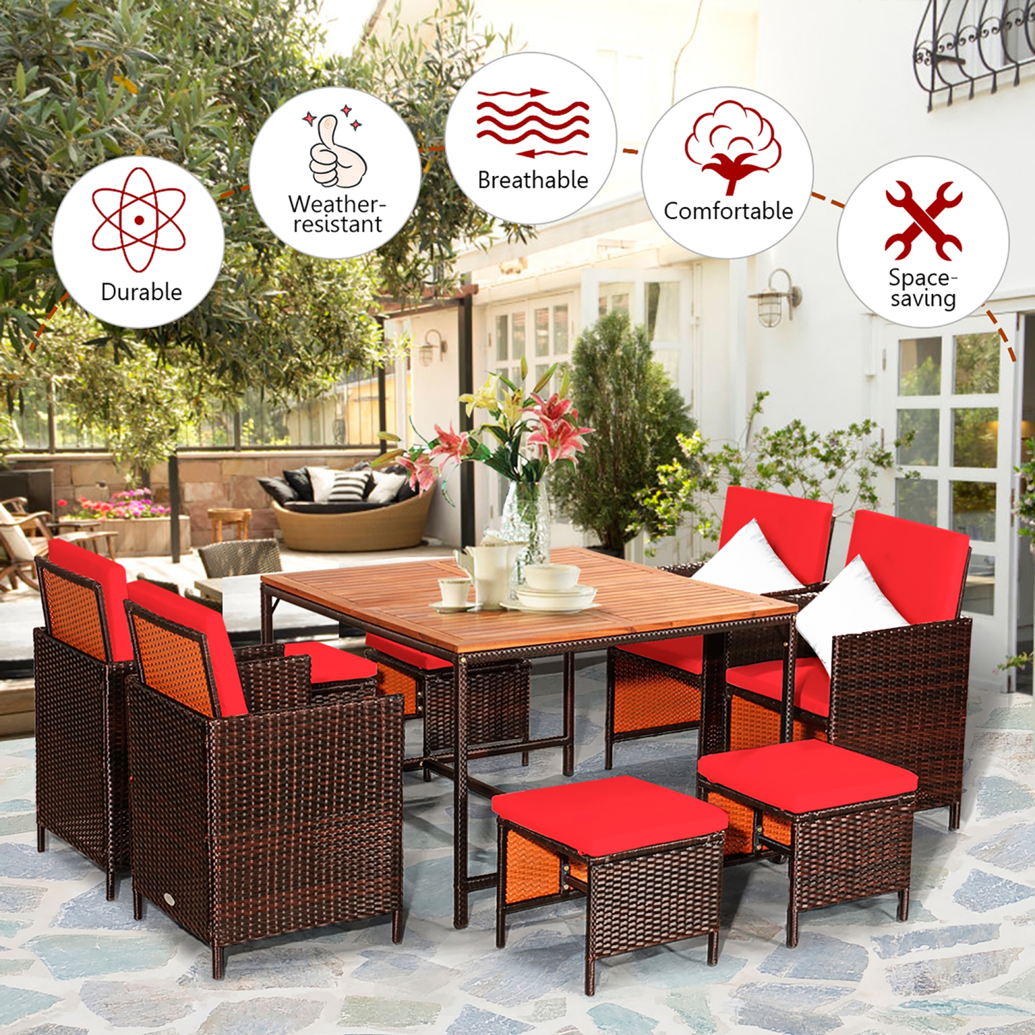 Costway 9PCS Patio Rattan Dining Set Cushioned Chairs Ottoman Wood Table Top