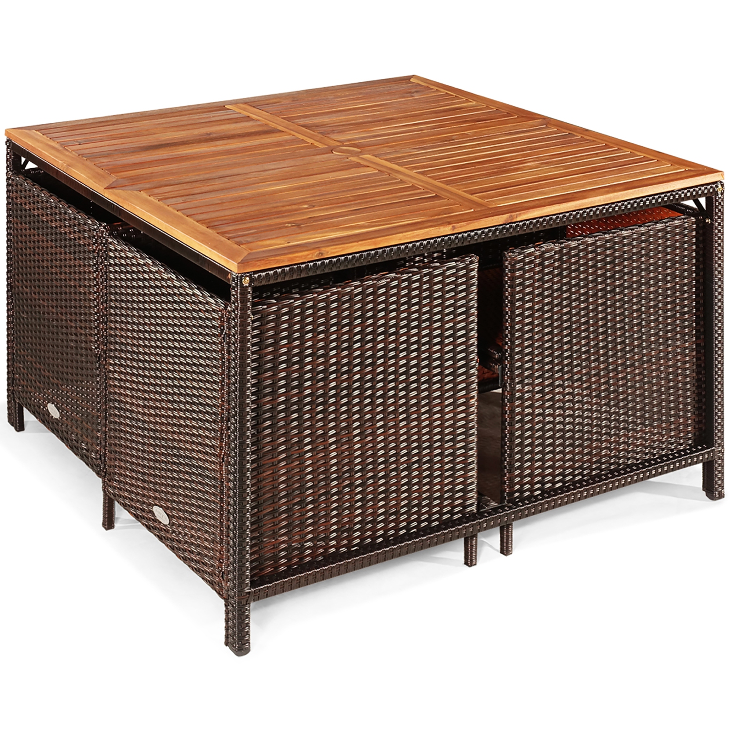 Costway 9PCS Patio Rattan Dining Set Cushioned Chairs Ottoman Wood Table Top