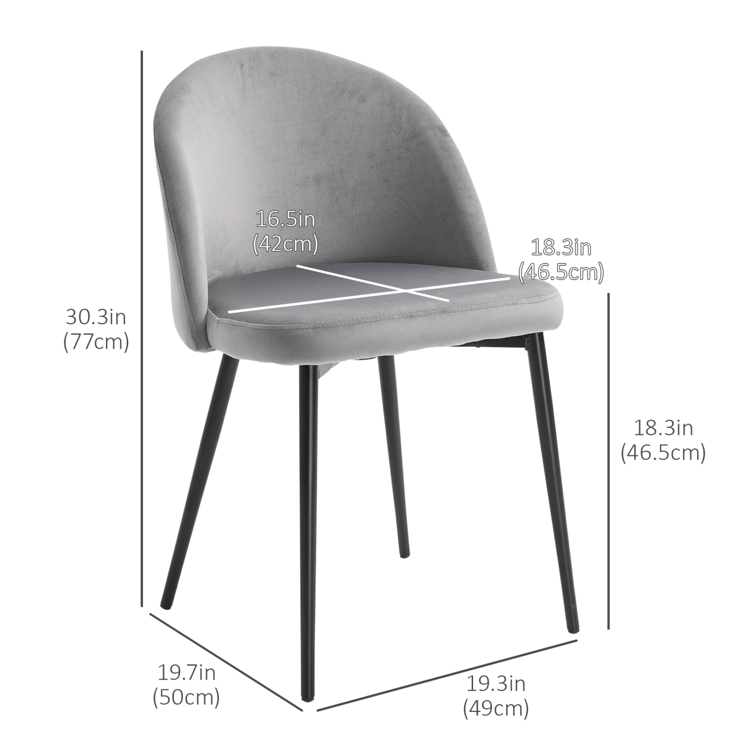 HOMCOM Modern Dining Chairs Set of 2, Mid-Back Velvet Upholstered Kitchen Chairs, Side Chair for Living Room, Dining Room, Grey