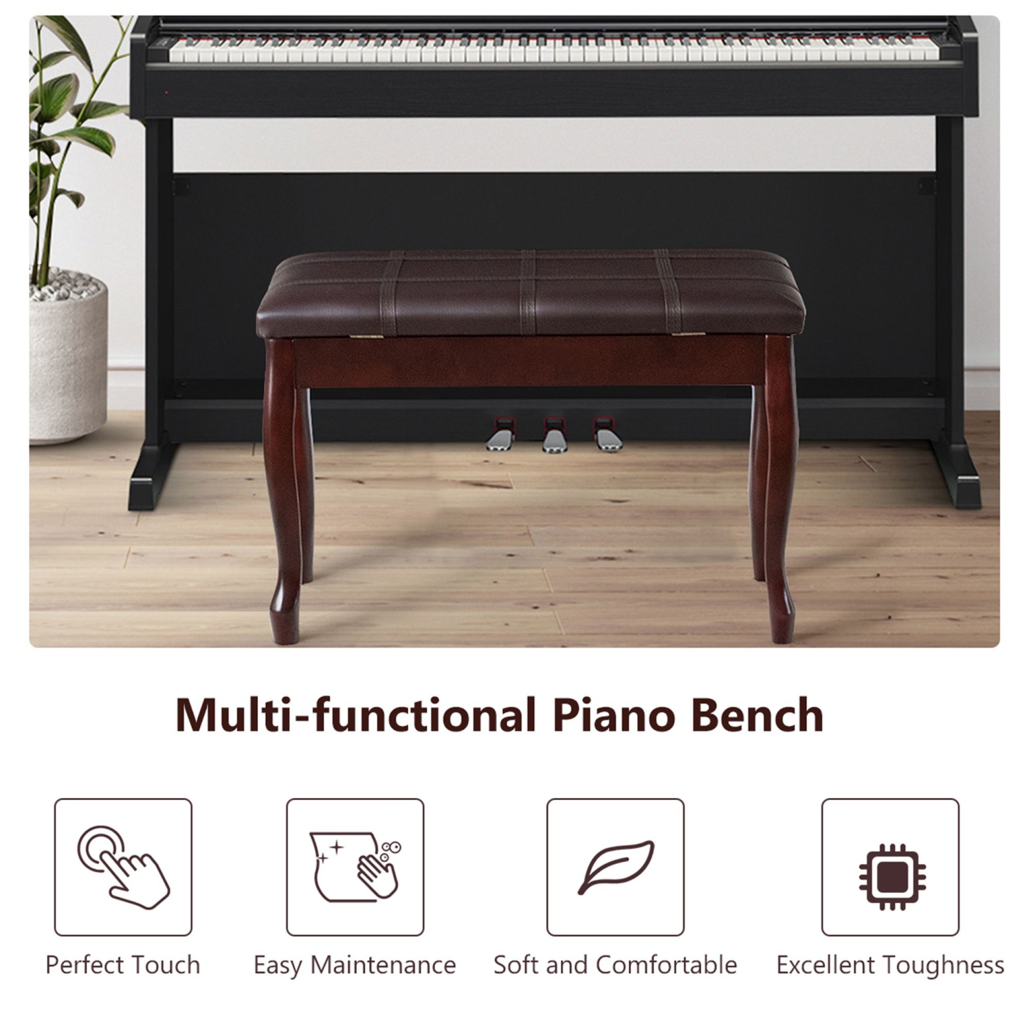 Costway Solid Wood PU Leather Piano Bench Padded Double Duet Keyboard Seat Storage Brown