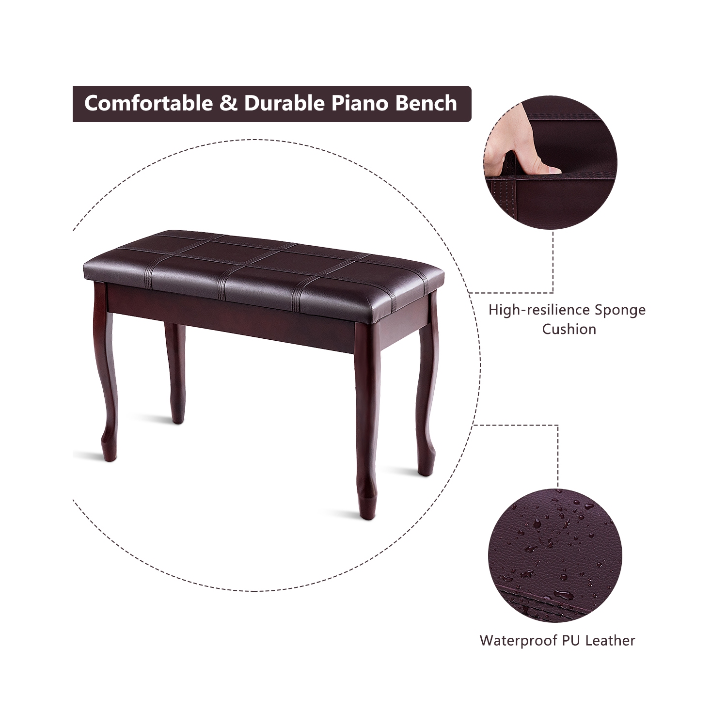 Costway Solid Wood PU Leather Piano Bench Padded Double Duet Keyboard Seat Storage Brown