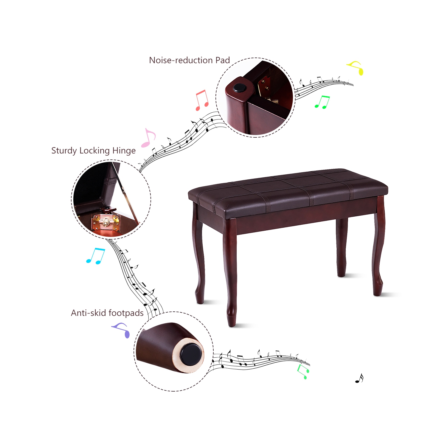 Costway Solid Wood PU Leather Piano Bench Padded Double Duet Keyboard Seat Storage Brown