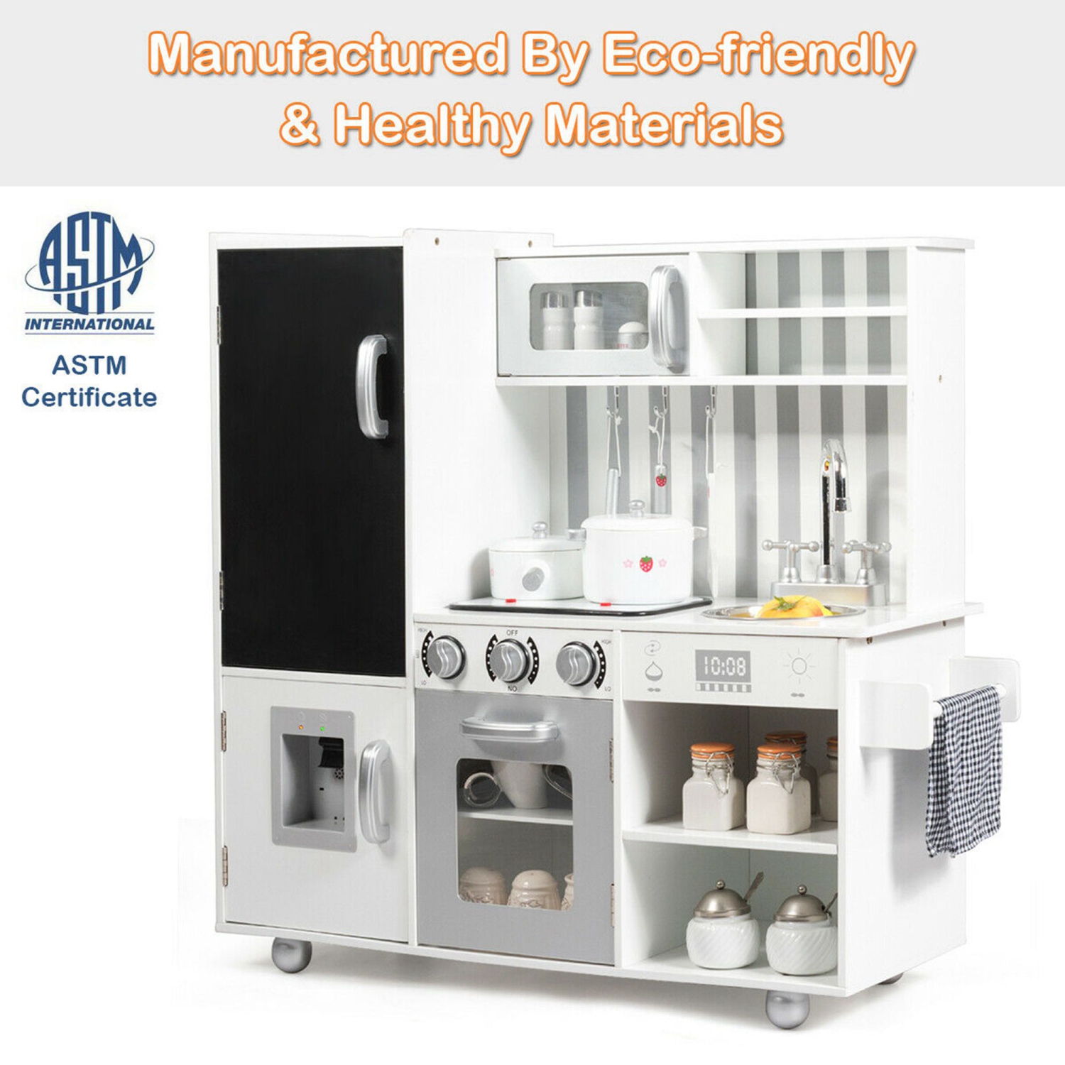 Costway Wood Kitchen Toy Kids Cooking Pretend Play Setw/ Utensils,Sounds & Wordpad White