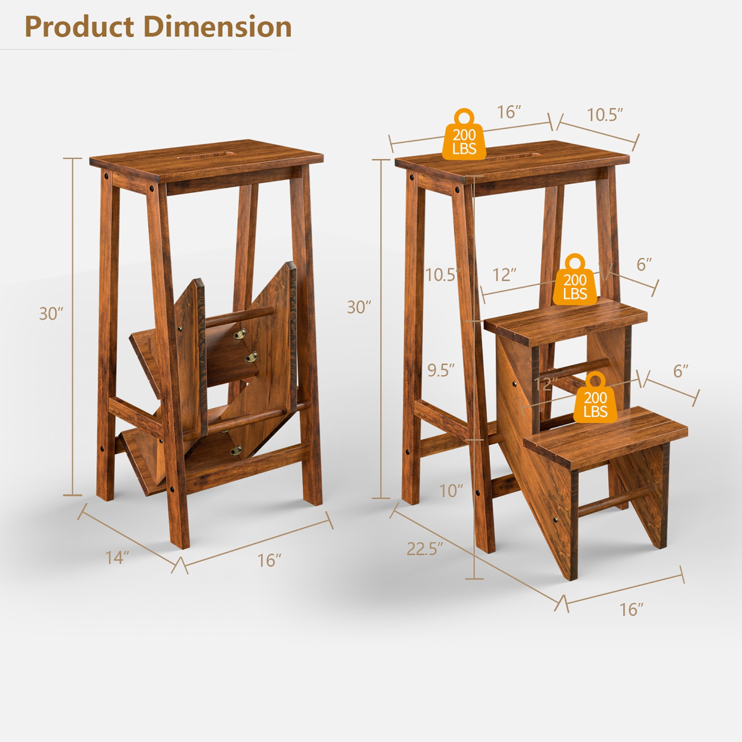 Costway 3 Tier Step Stool 3 in 1 Folding Ladder Bench Storage Shelf Multi-function