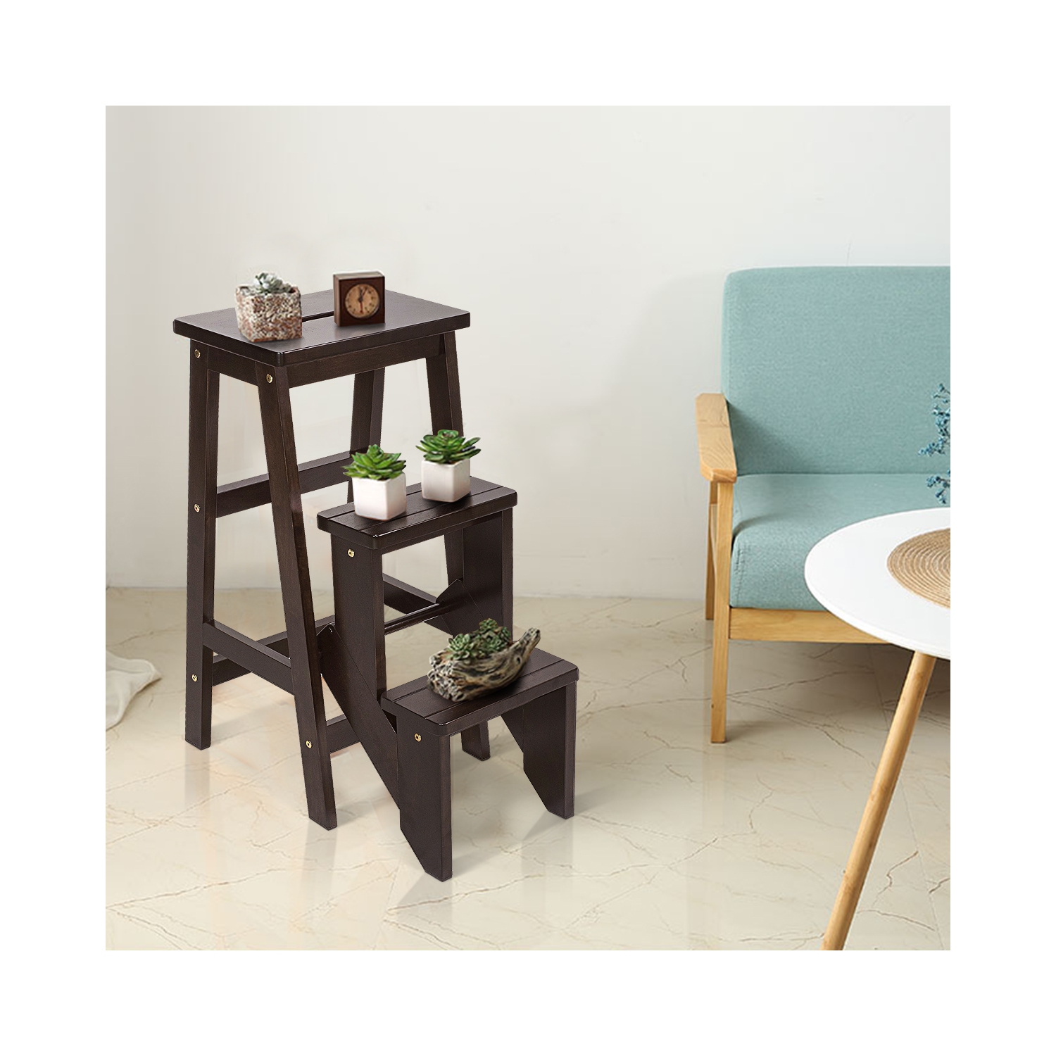 Tabouret-escabeau à 3 niveaux 3-en-1 pliable avec étagère de rangement multifonction de Costway