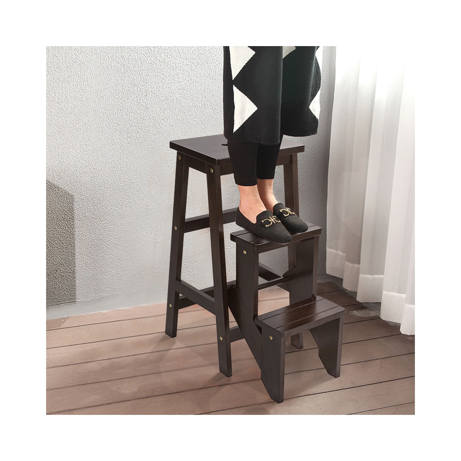 Tabouret-escabeau à 3 niveaux 3-en-1 pliable avec étagère de rangement multifonction de Costway