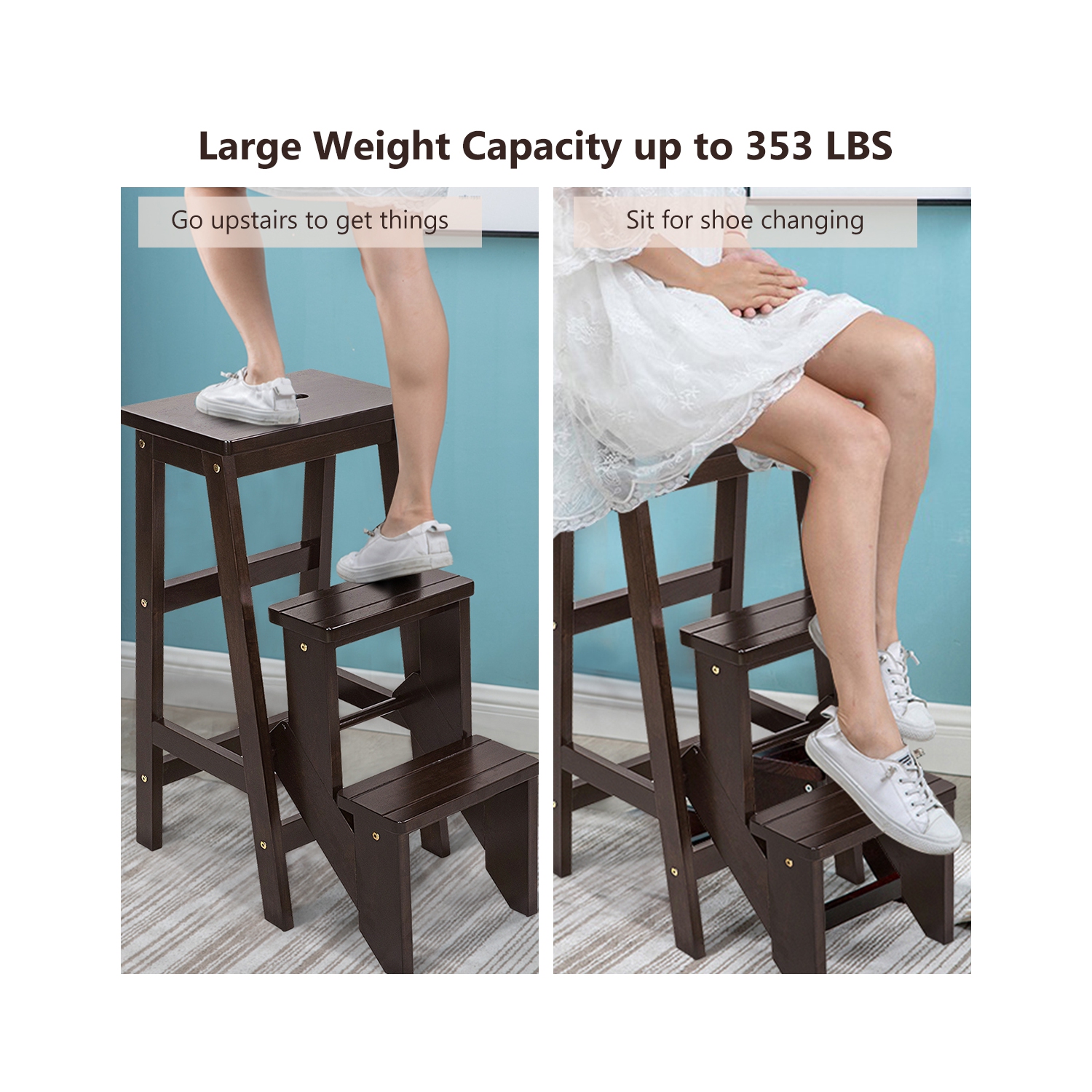 Tabouret-escabeau à 3 niveaux 3-en-1 pliable avec étagère de rangement multifonction de Costway