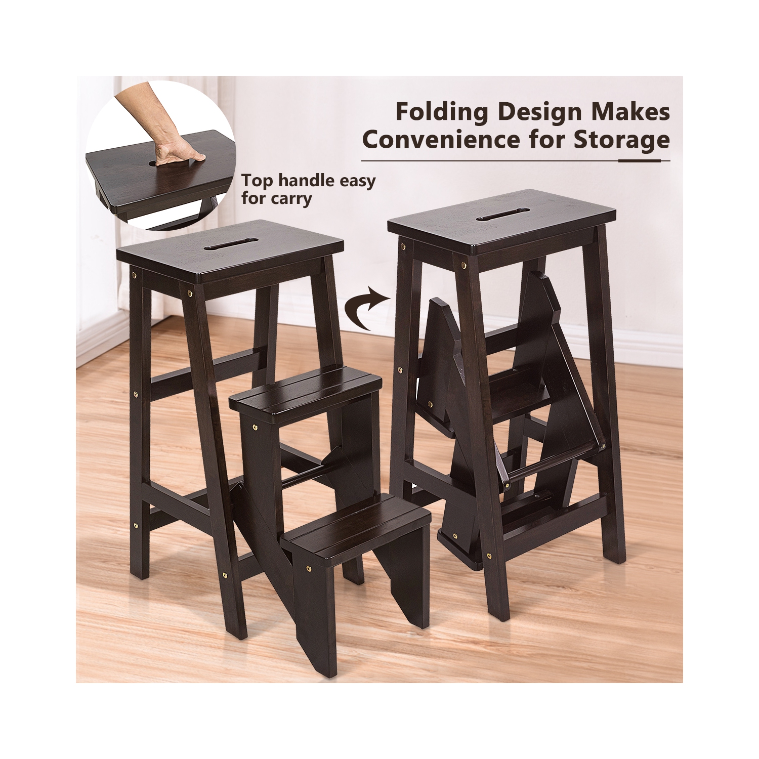 Tabouret-escabeau à 3 niveaux 3-en-1 pliable avec étagère de rangement multifonction de Costway