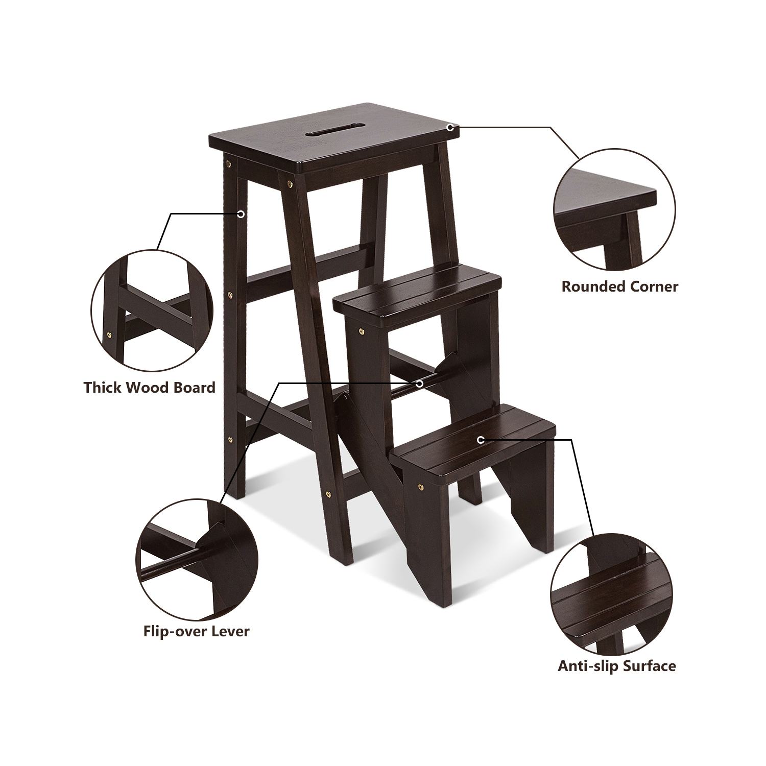 Tabouret-escabeau à 3 niveaux 3-en-1 pliable avec étagère de rangement multifonction de Costway