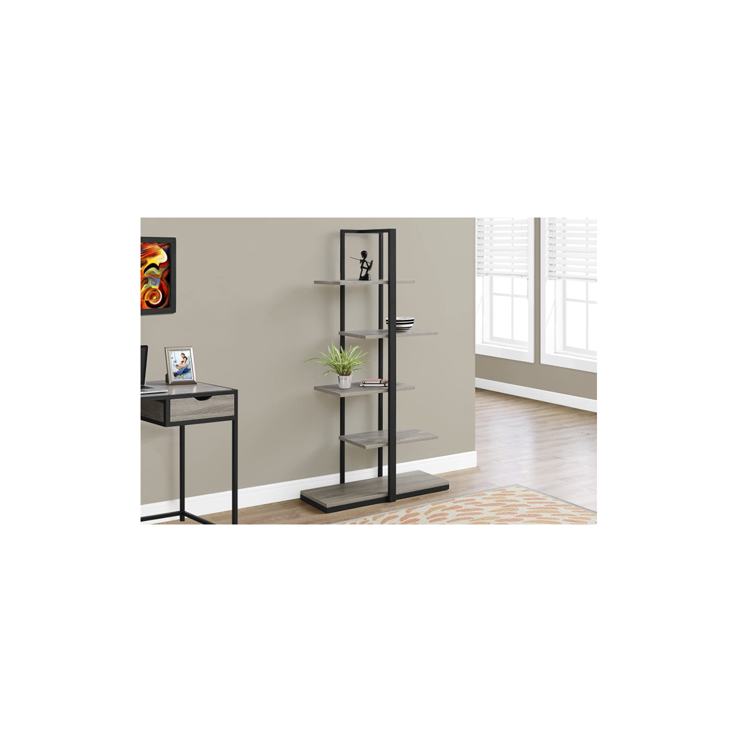 Bookcase - 60" H/Dark Taupe/Black Metal, Brown