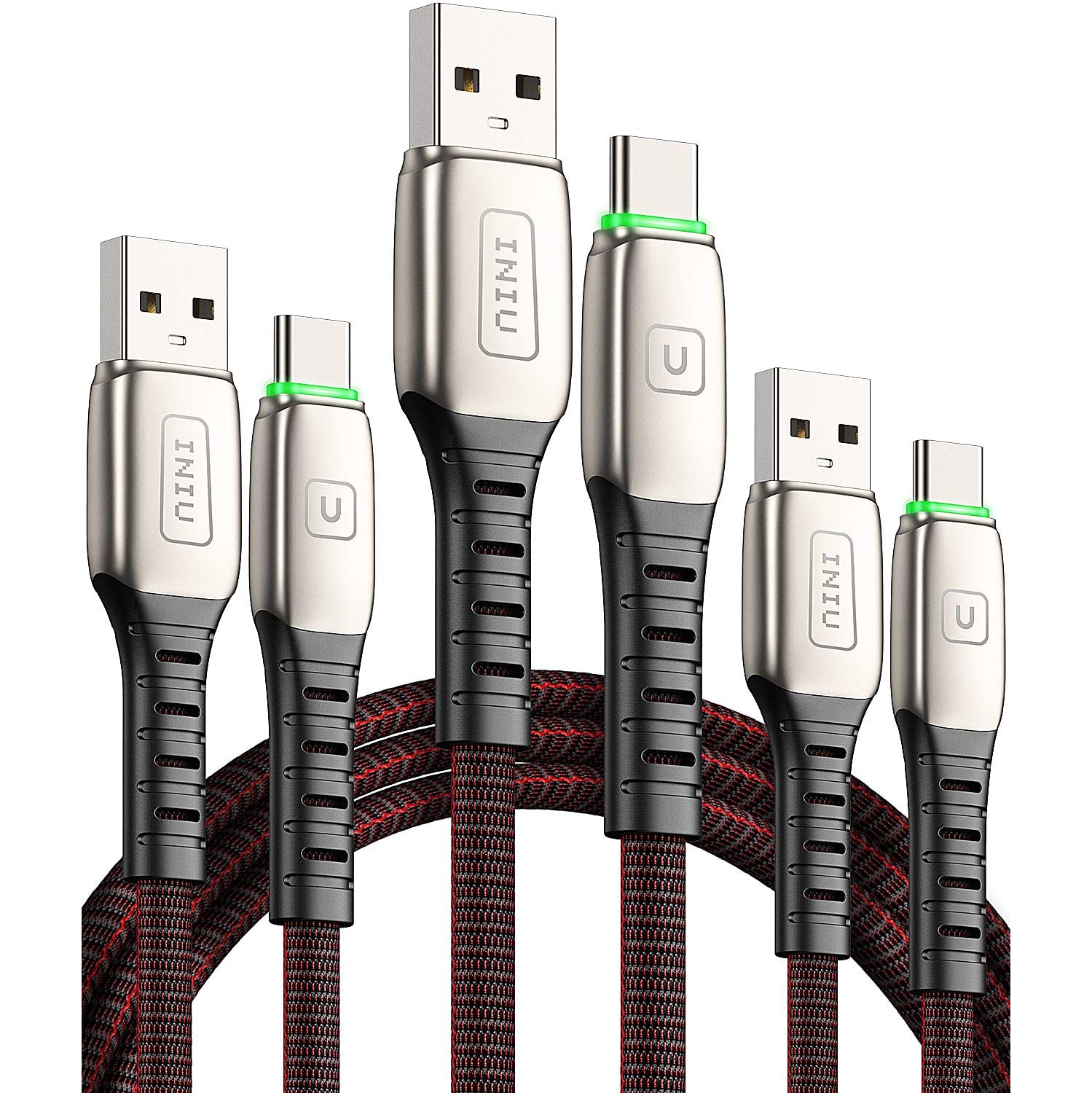 INIU USB C Charge Cable, 【3 Pack】3.1A QC Fast Charging Type C Cable, Ziny Alloy Phone Data USB C Charger Cord with Organizing Strap,(6.6ft+3.3ft+1.6ft) For Samsung Galaxy S20 S10E S10 S9 S8 Plus Note