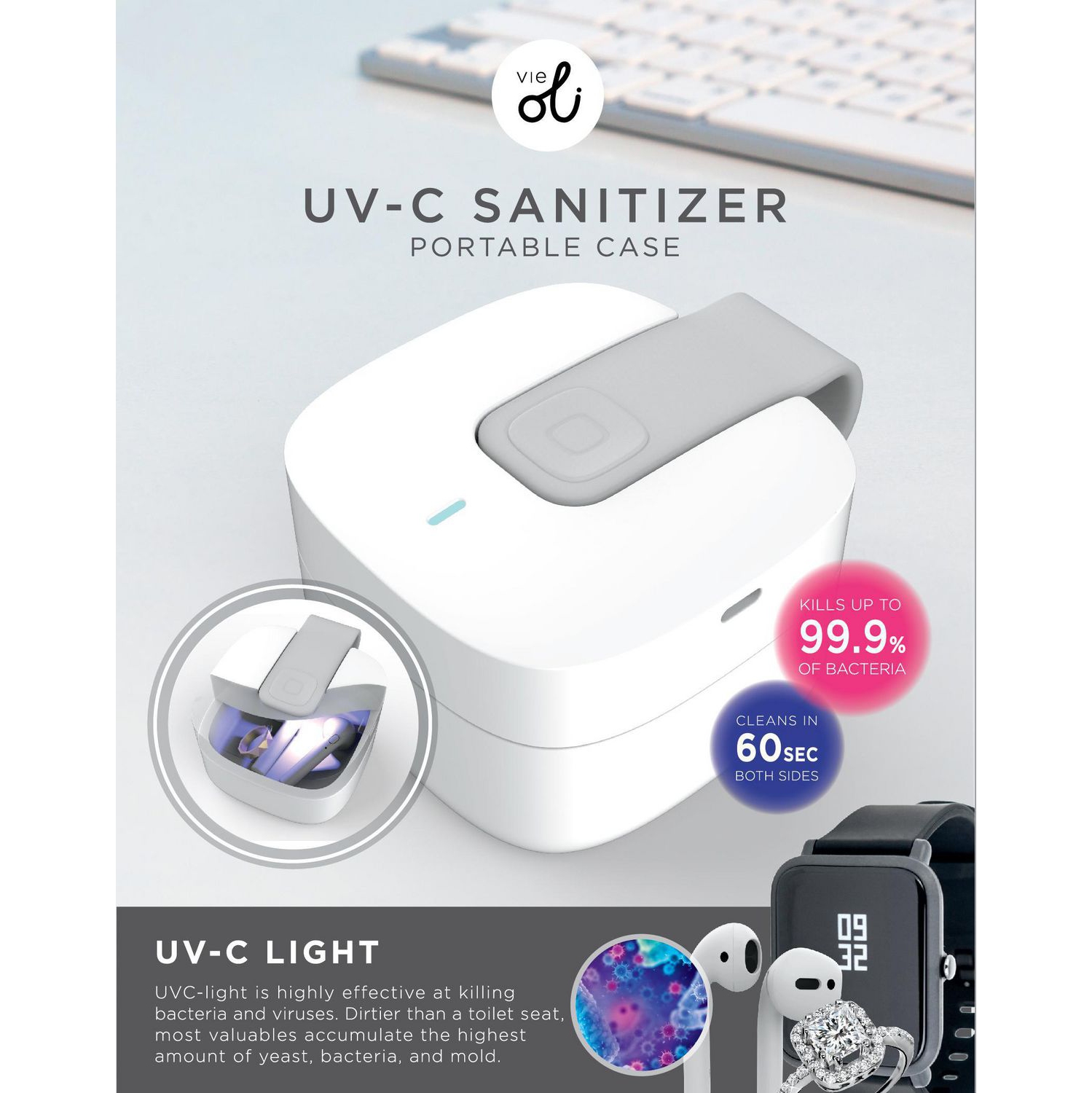 Mini étui portatif pour désinfection de la lumière UV-C de VieOli