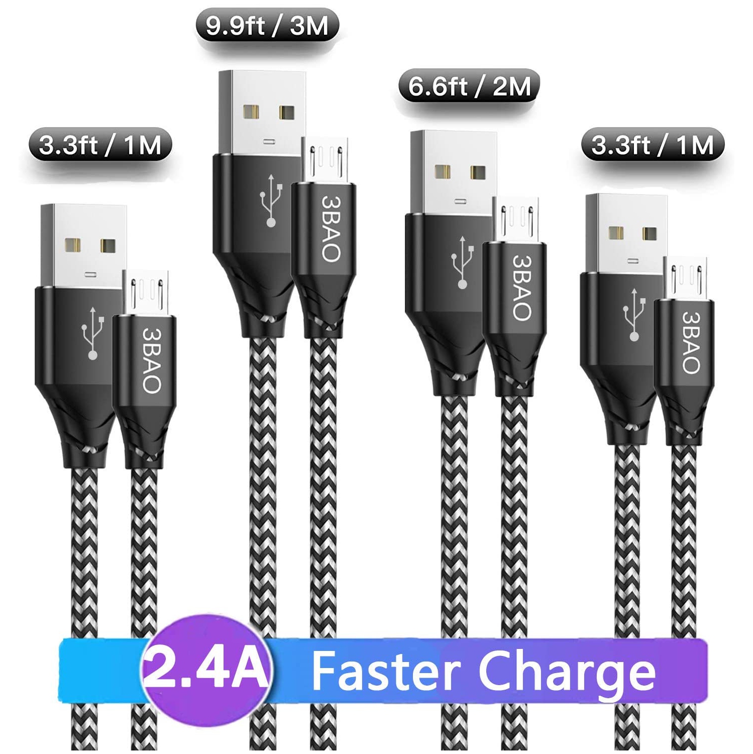 Micro USB Charging Cable,(4Pack 2X3.3ft 6.6ft 10ft) USB A to Micro Nylon Braided Android Charger Cord Data Sync Compatible for Samsung Galaxy J7,S7,S6, Moto,Sony,HTC,PS4,Kindle Fire,Android Smartphone