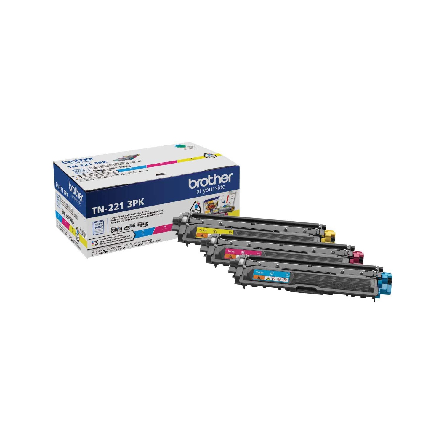 Brother Genuine Standard-Yield Toner Cartridge Three Pack TN221 3PK -Includes one Cartridge Each of Cyan, Magenta & Yellow Toner, Standard Yield,
