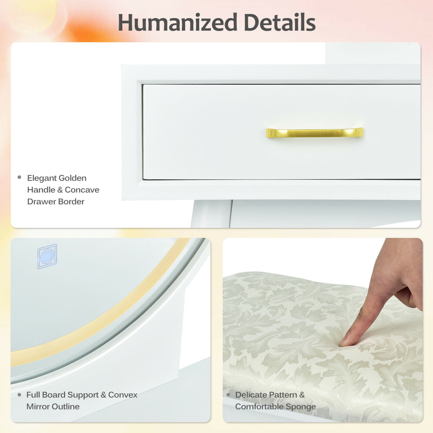 Gymax Vanity Dressing Table Set Touch Screen 3 Lighting Modes Mirror Padded Stool