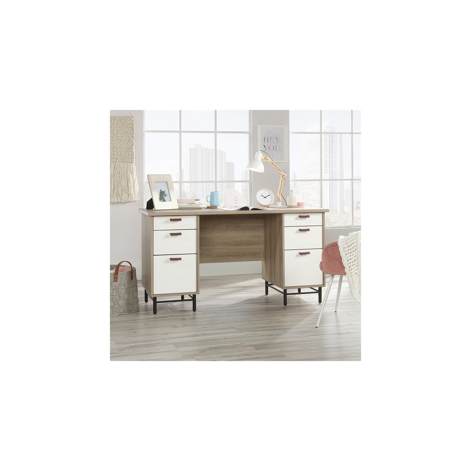 Sauder – Bureau de direction Anda Norr, chêne ciel et blanc