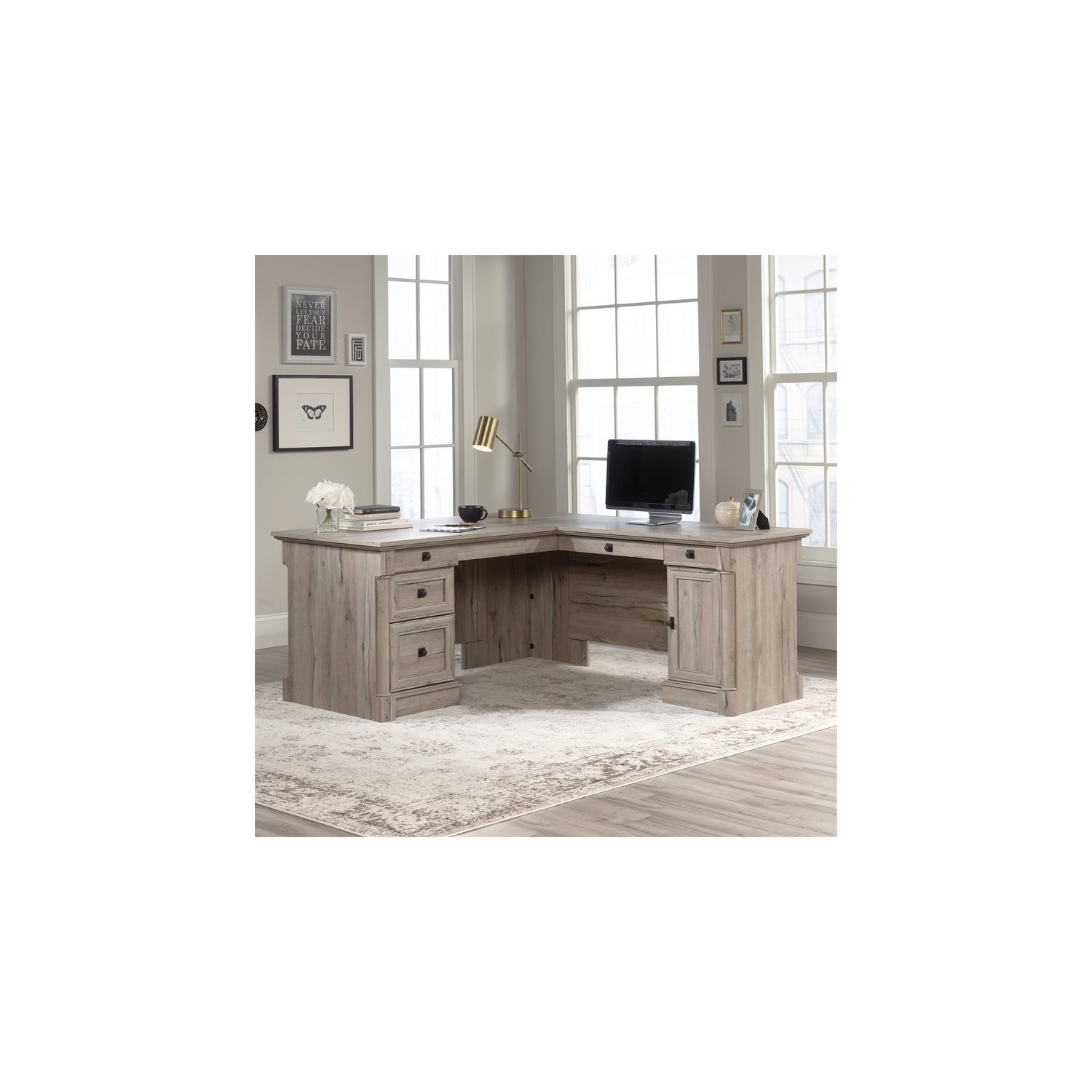 Sauder – Bureau d’ordinateur contemporain en L Palladia, bois, chêne divisé