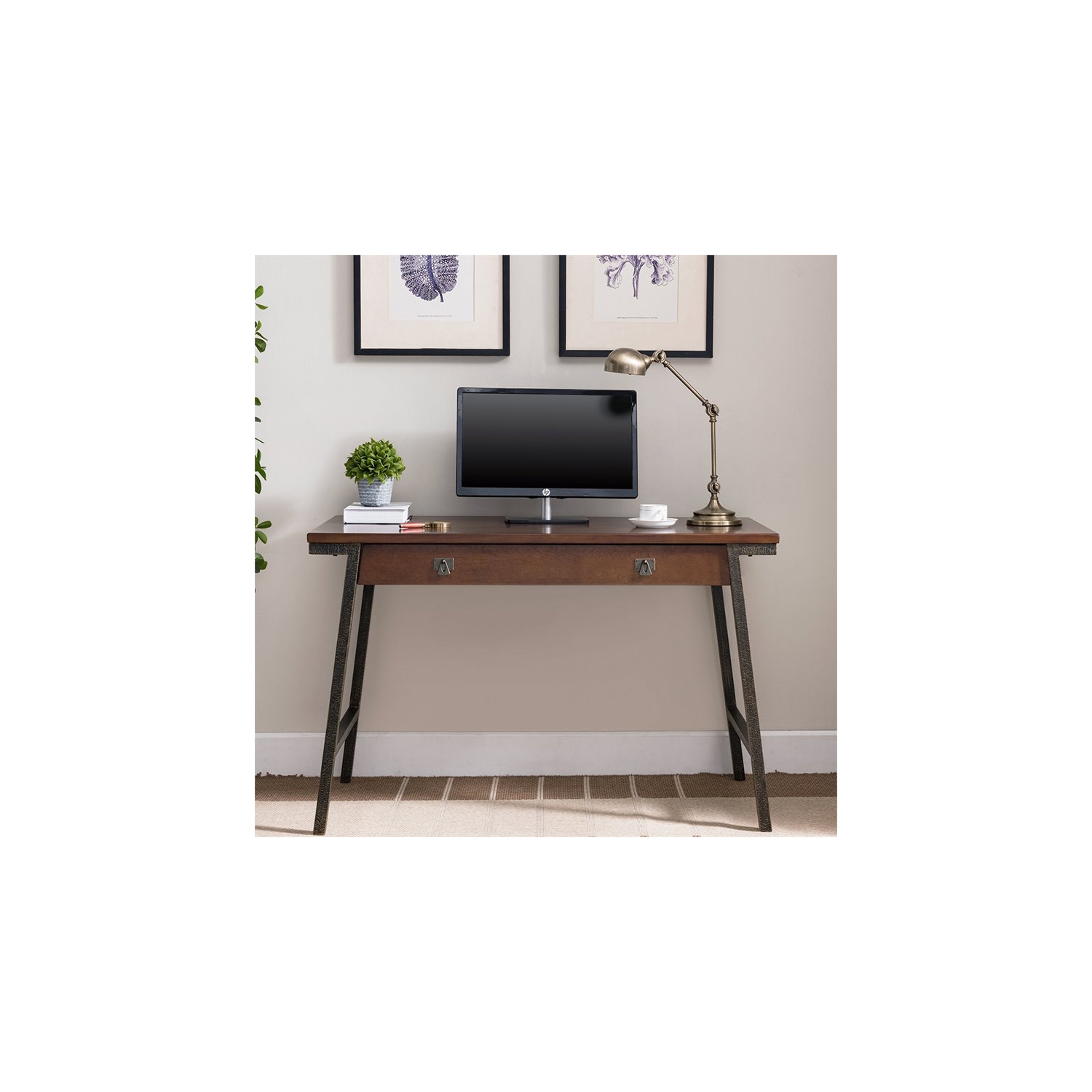 Leick Home Empiria Wood Computer Desk in Walnut and Foundry Bronze ...
