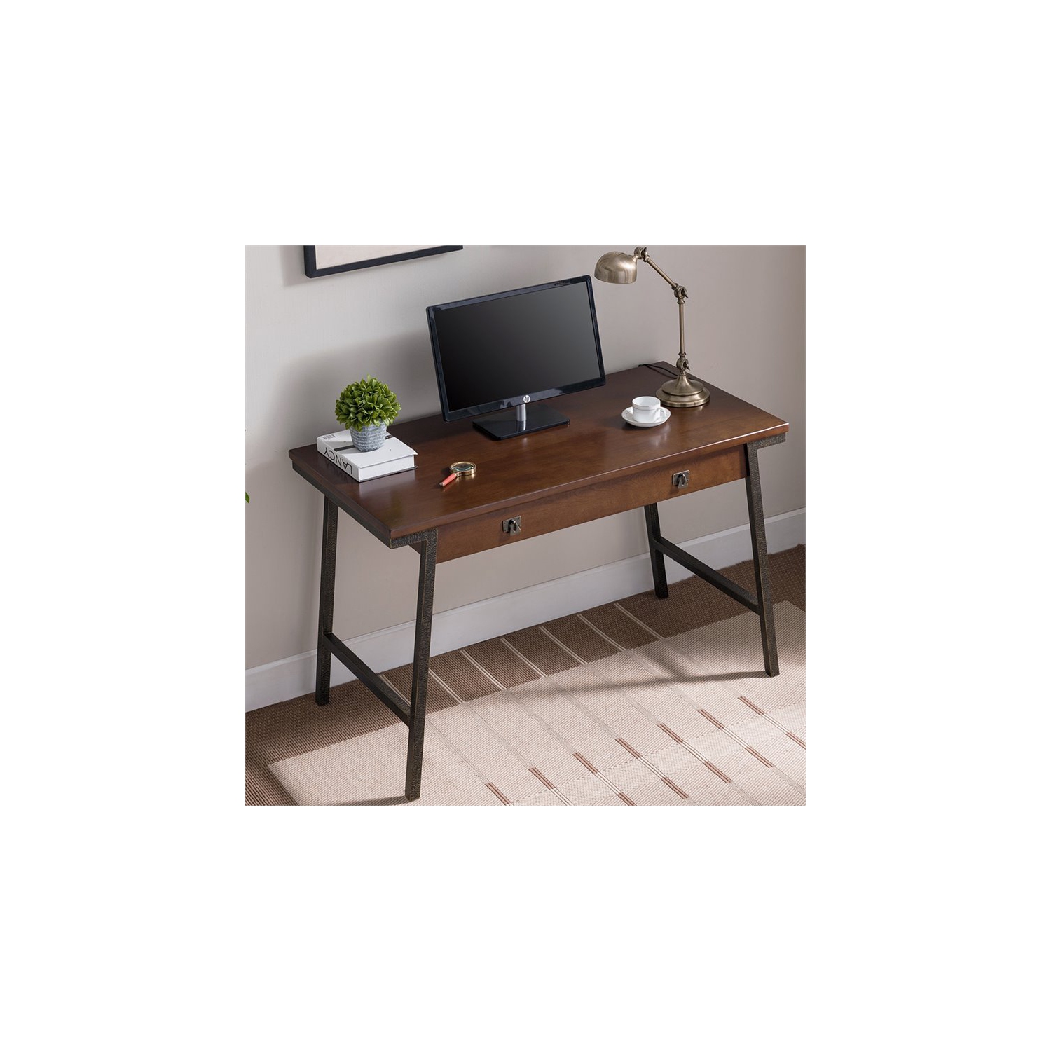 Leick Home Empiria Wood Computer Desk in Walnut and Foundry Bronze ...