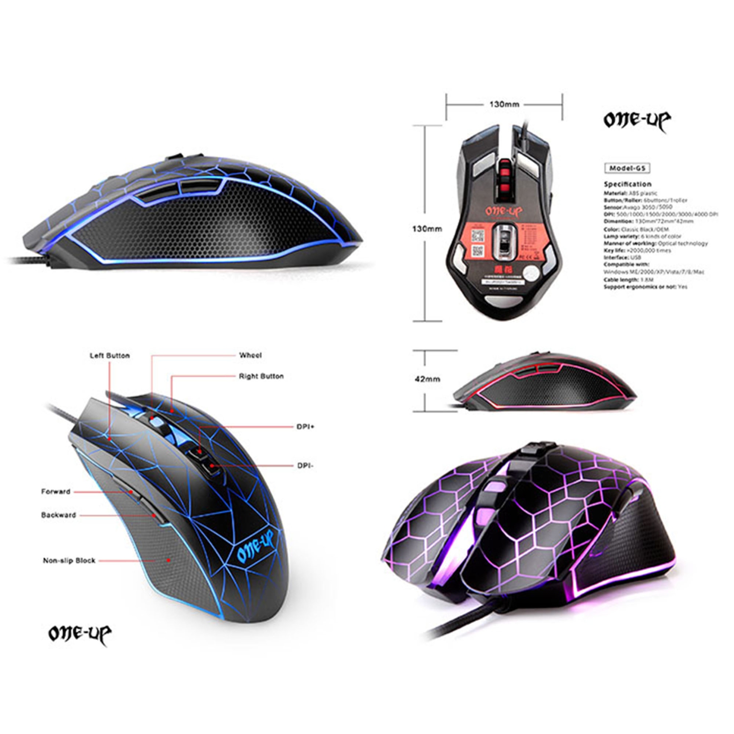 ONE-UP® G5 E-sports Ergonomics Optical Wired USB Contector Gaming Black Mouse With Avago 3050 Sensor