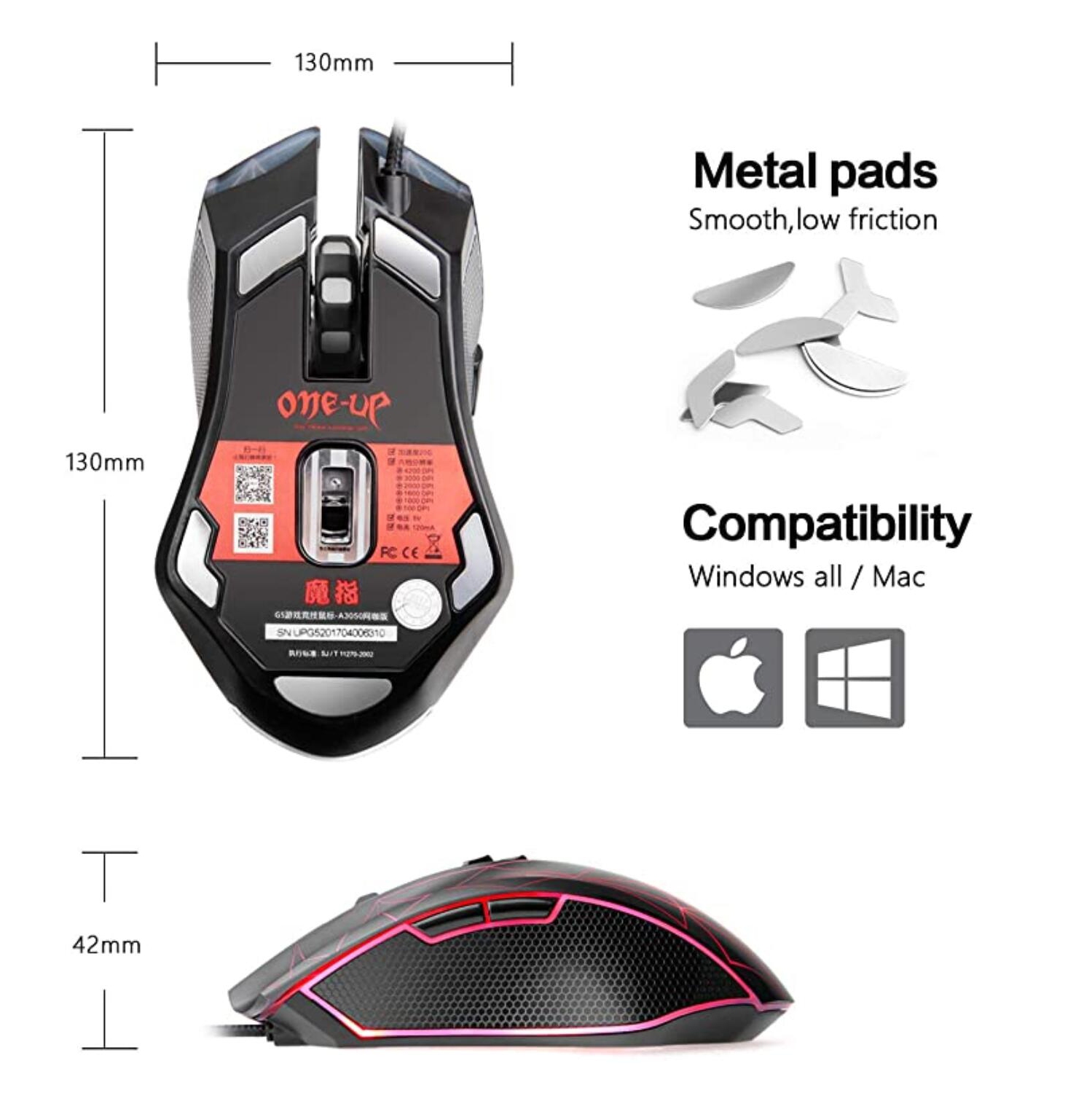 ONE-UP® G5 E-sports Ergonomics Optical Wired USB Contector Gaming Black Mouse With Avago 3050 Sensor