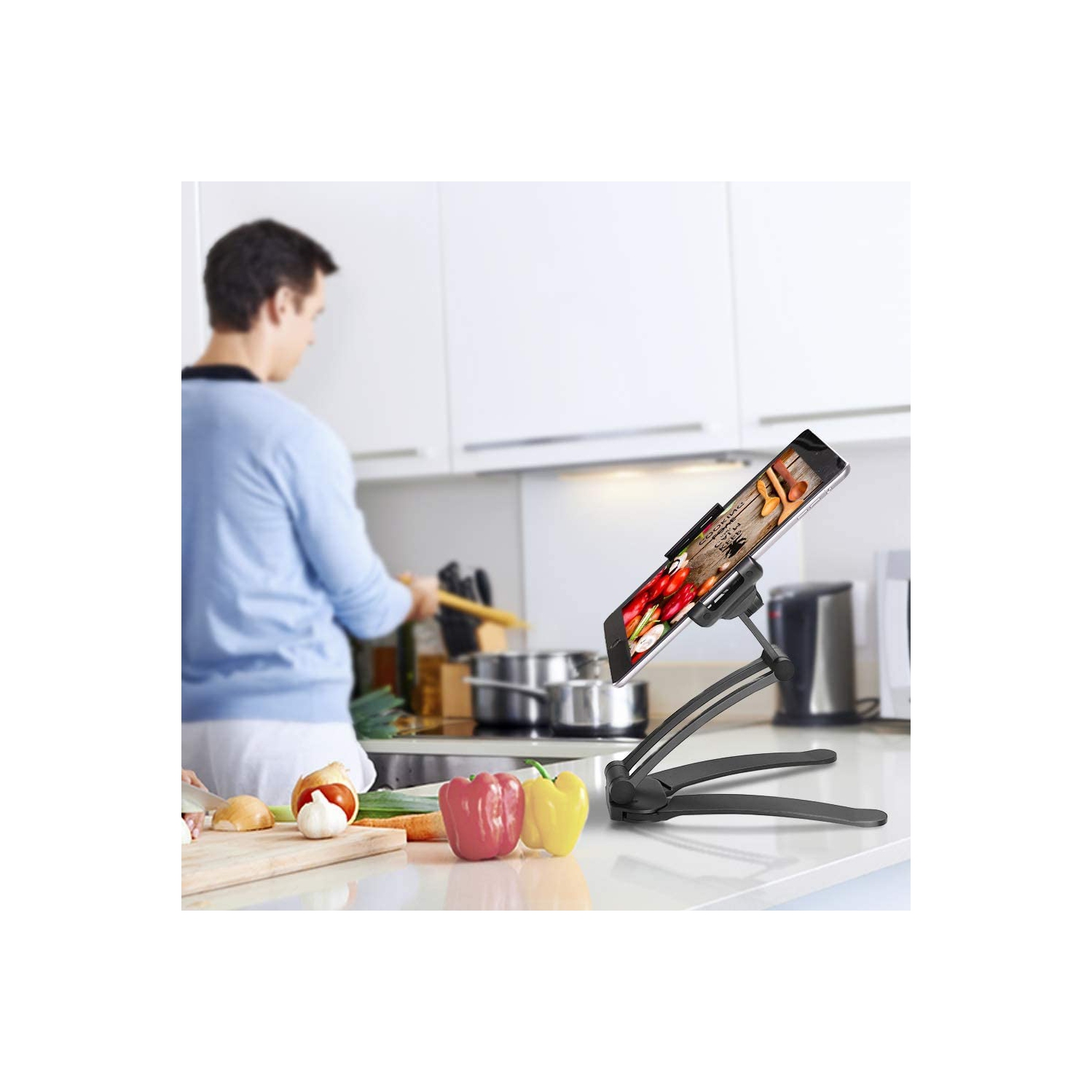 ALUMINUM Tablet Stand Mount - Office & Kitchen Tablet Holder Adjustable arm Cell Phone ipad holder fits 4"- 12.9" Tablets and Phone - Desktop Mount