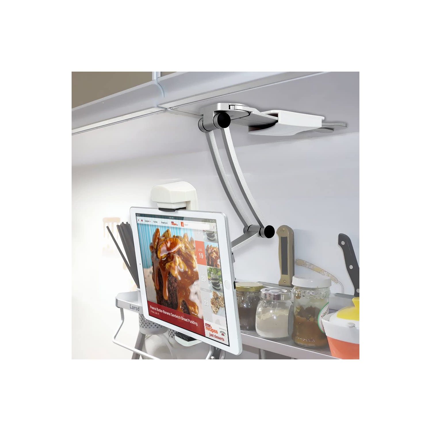 ALUMINUM Tablet Stand Mount - Office & Kitchen Tablet Holder Adjustable arm Cell Phone ipad holder fits 4"- 12.9" Tablets and Phone - Desktop Mount