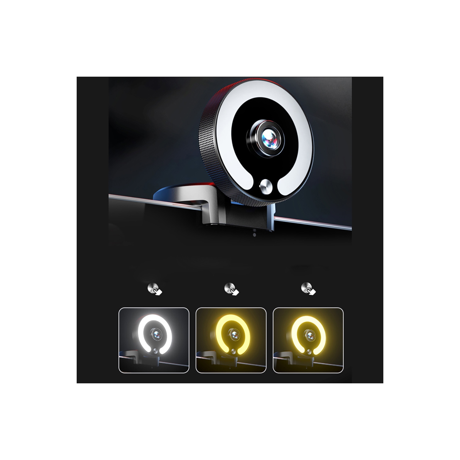 SenseiPhoto 4K Webcam avec éclairage et microphone, panneau lumineux LED, focus automatique et luminosité réglable avec contrôle tactile | Caméra Web