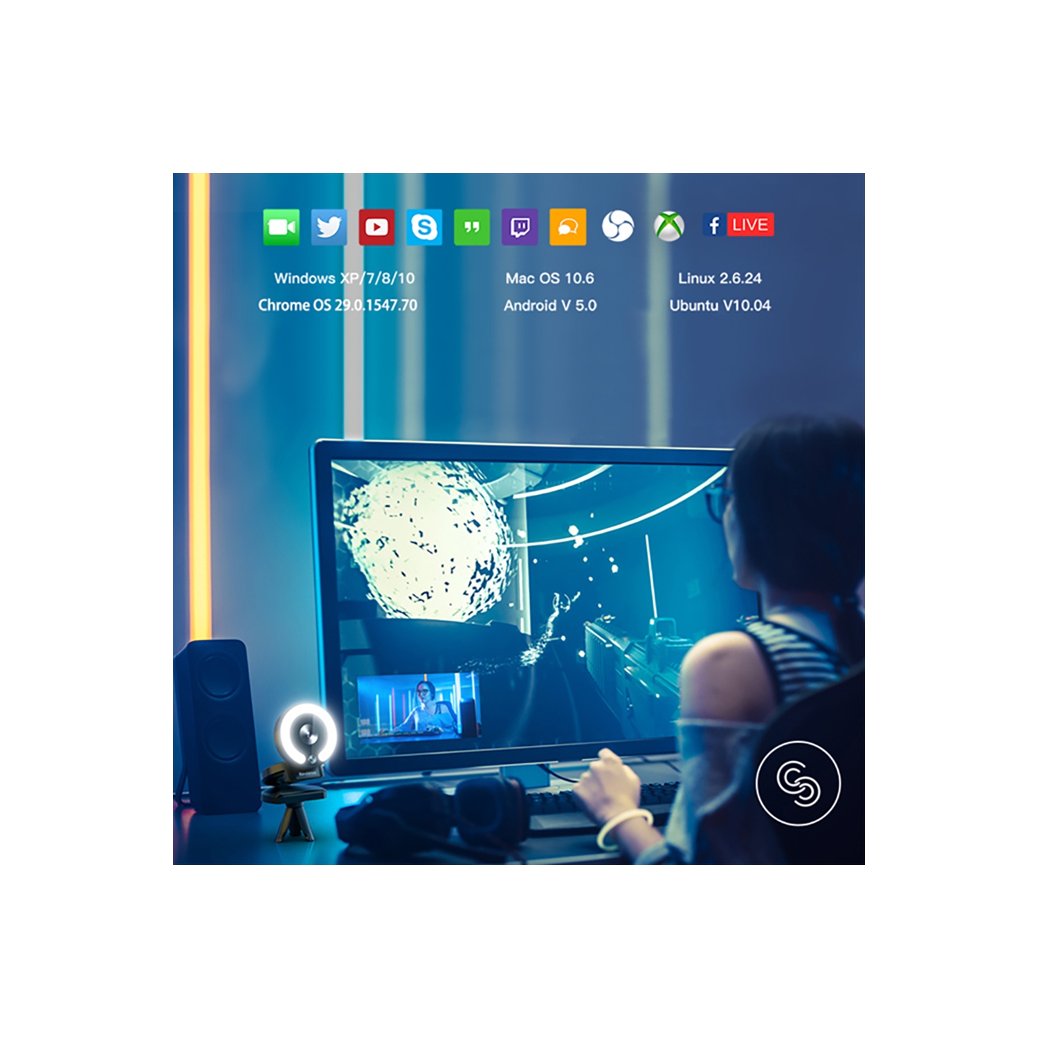 SenseiPhoto 4K Webcam avec éclairage et microphone, panneau lumineux LED, focus automatique et luminosité réglable avec contrôle tactile | Caméra Web