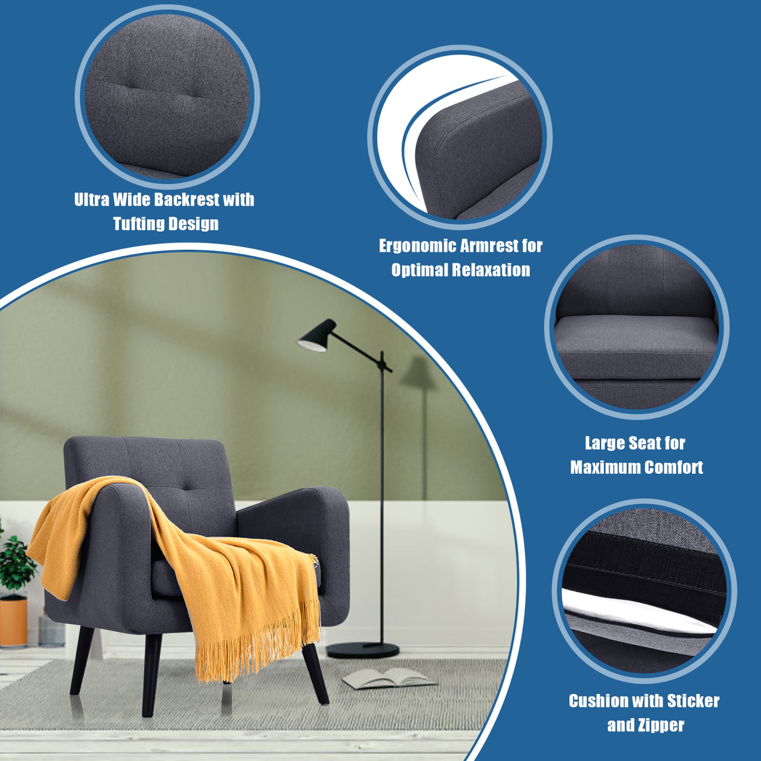 Costway Mid Century Accent Chair Fabric Arm Chair Single Sofa w/Rubber Wood Legs