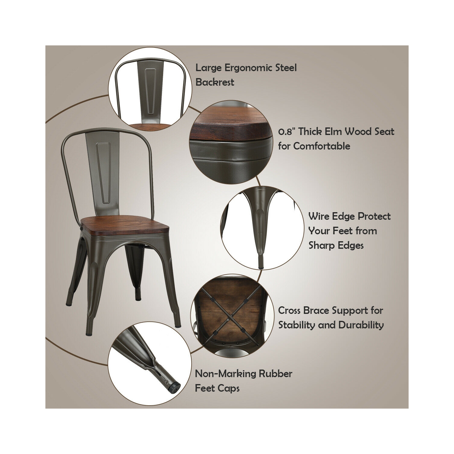 Costway Set of 4 Style Metal Dining Side Chair Wood Seat Stackable Bistro Cafe