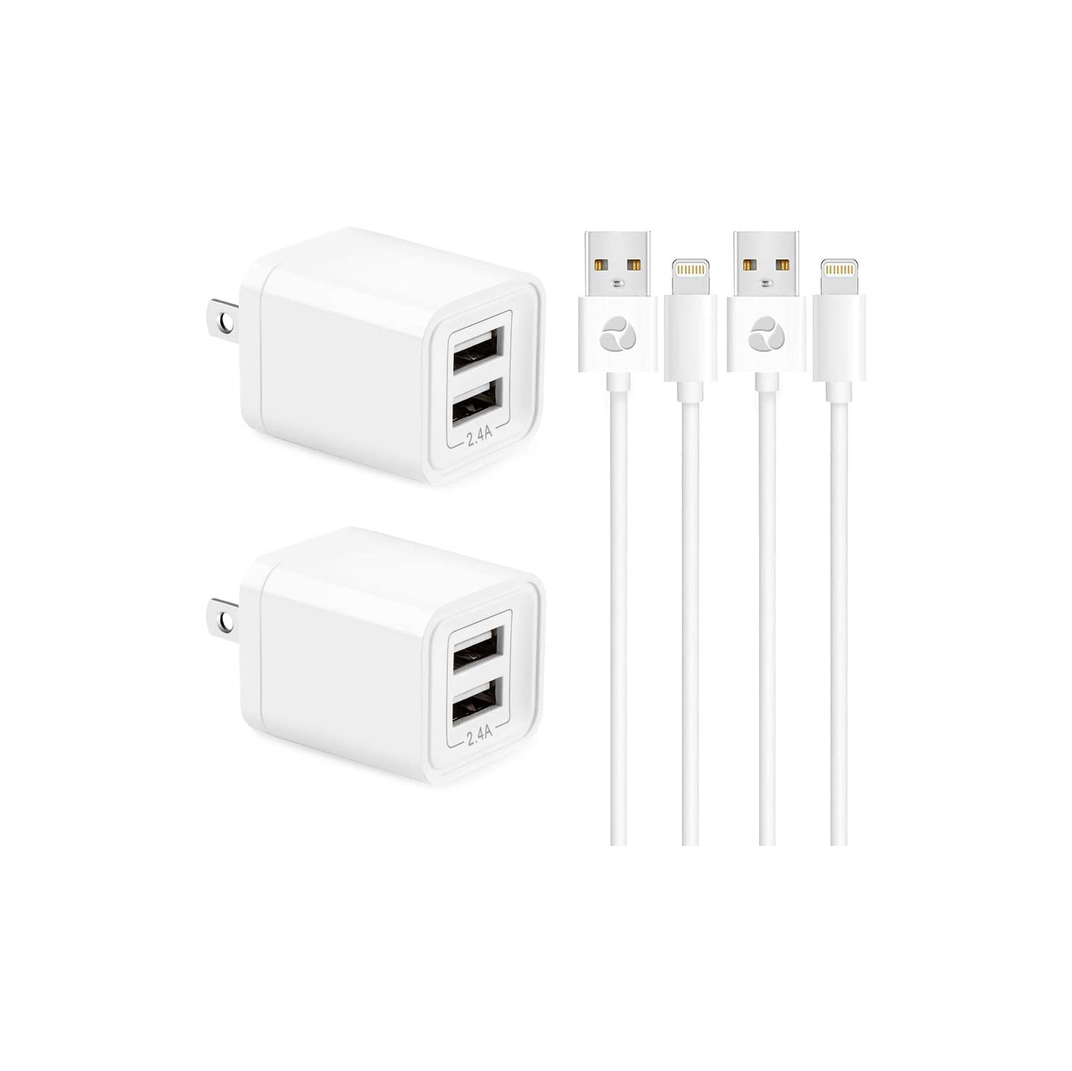 CABLESHARK USB Wall Charger, 2.4A Dual Port USB Power Adapter with 3FT Lightning to USB Cable (2 Pack)