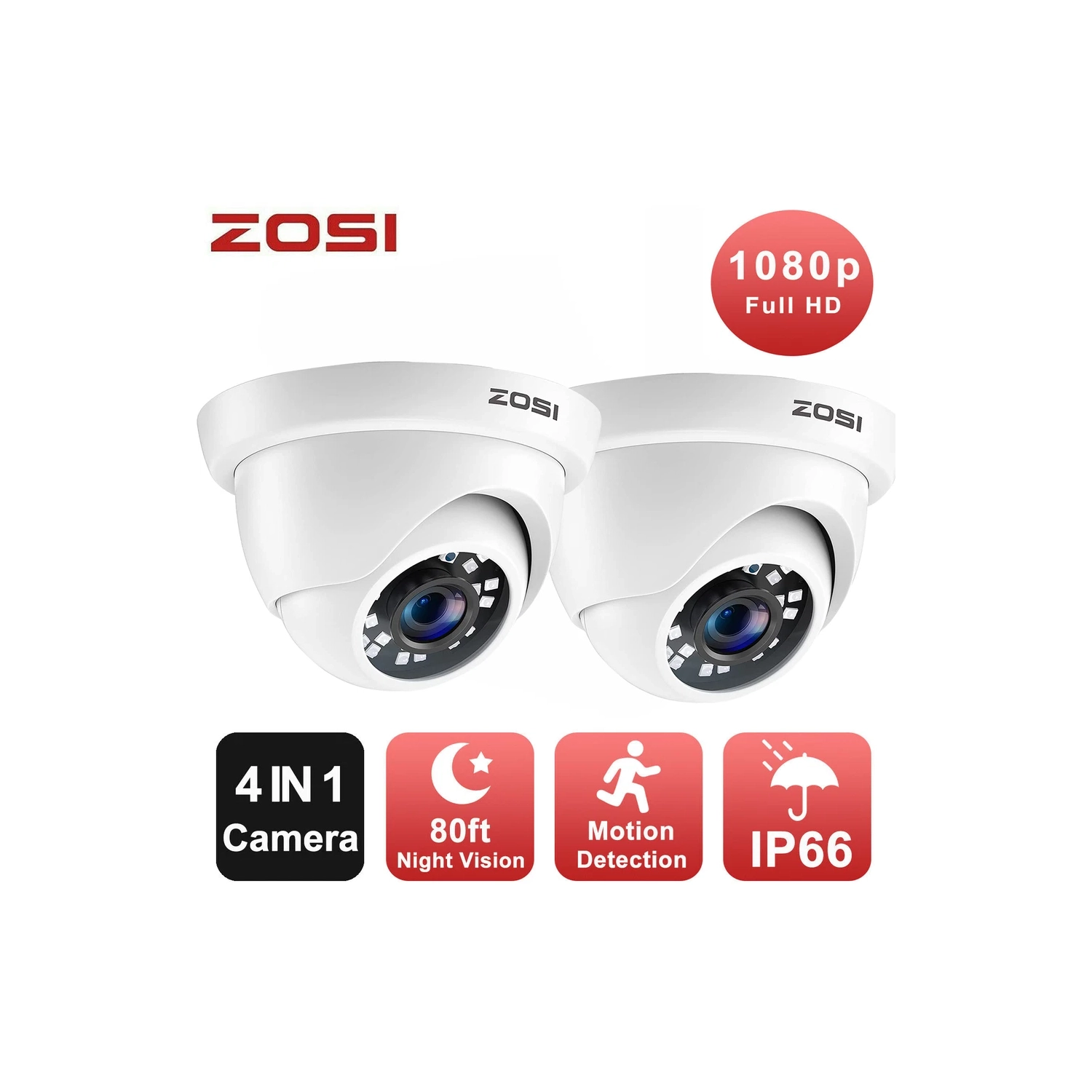 ZOSI 1080P HD Add-On Wired Outdoor Hybrid 4-in-1 Home Security Camera for HD-TVI/AHD/CVI/CVBS/960H Surveillance DVR Video Recorder, 80ft IR Night