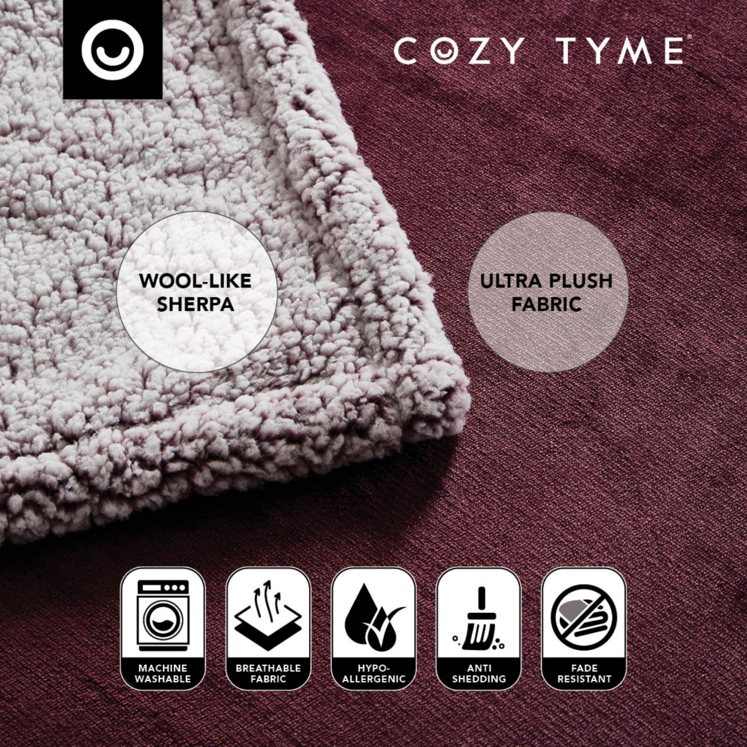 Cozy Tyme Edith Flannel Reversible Sherpa Throw Super Soft 50"x 60", Purple