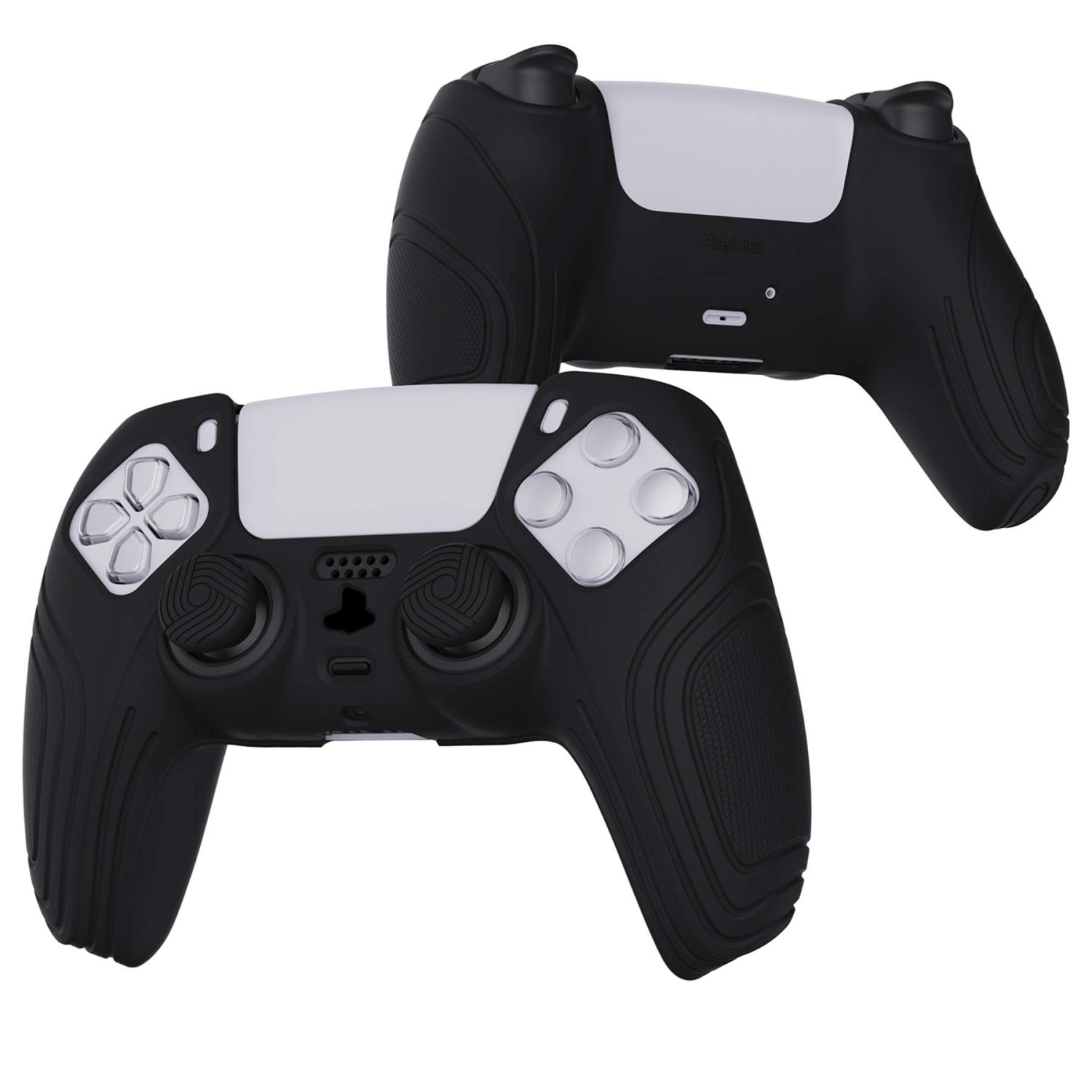 eXtremeRate PlayVital Samurai Edition Black Anti-Slip Controller Grip Silicone Skin, Ergonomic Soft Rubber Protective Case C