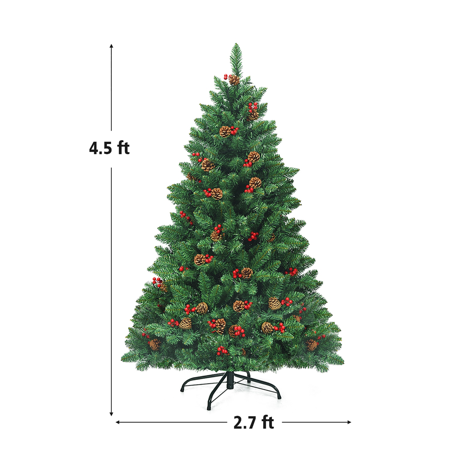 Costway 4.5Ft Pre-lit Hinged Christmas Tree w/ Pine Cones Red Berries and 300 LED Lights