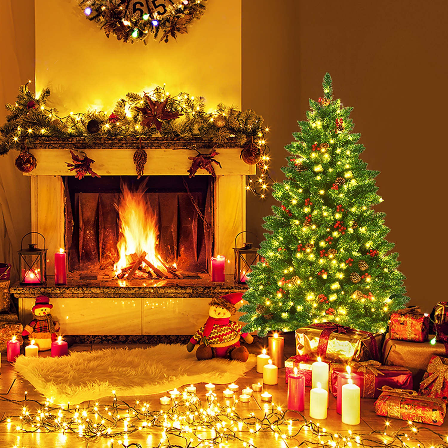 Costway 4.5Ft Pre-lit Hinged Christmas Tree w/ Pine Cones Red Berries and 300 LED Lights