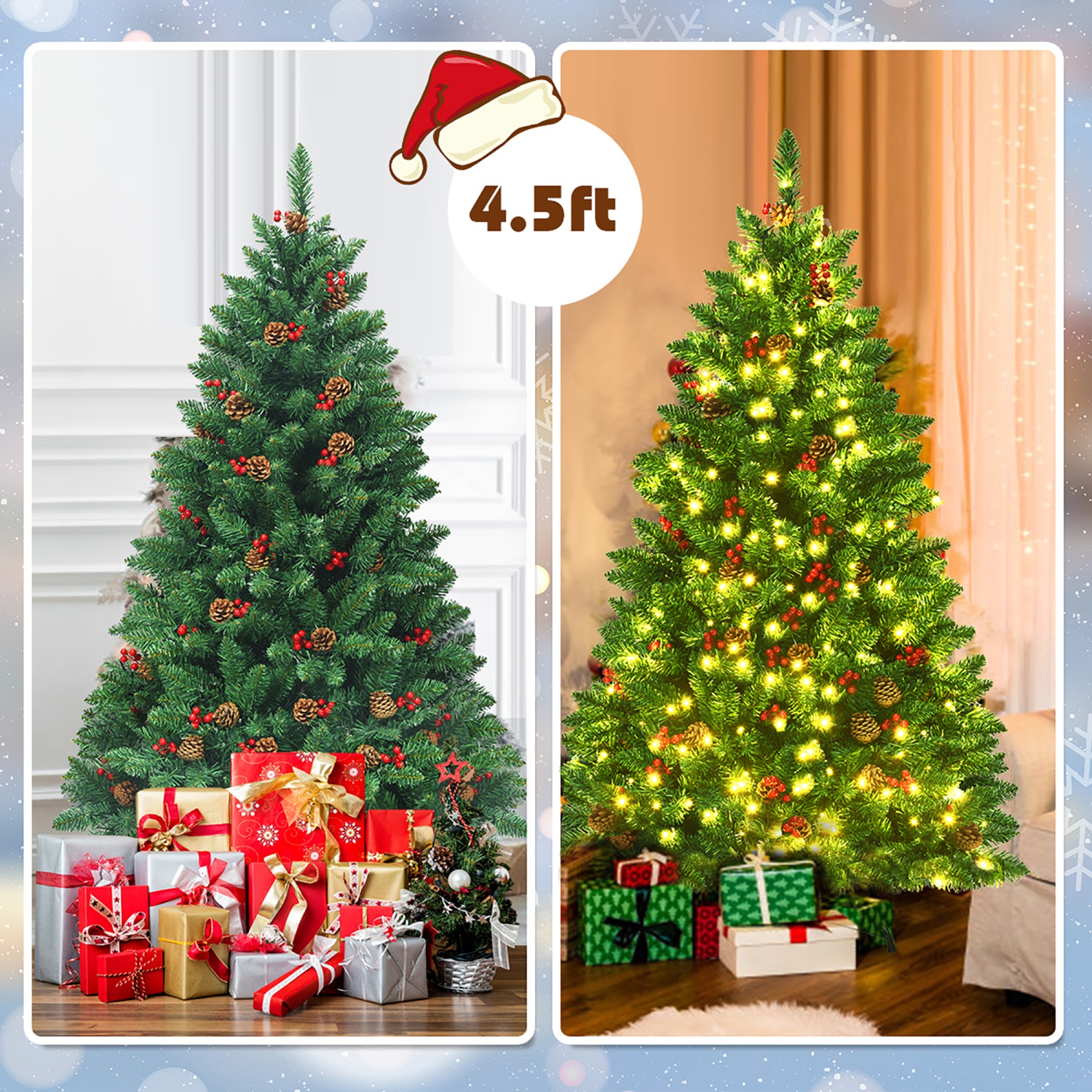 Costway 4.5Ft Pre-lit Hinged Christmas Tree w/ Pine Cones Red Berries and 300 LED Lights