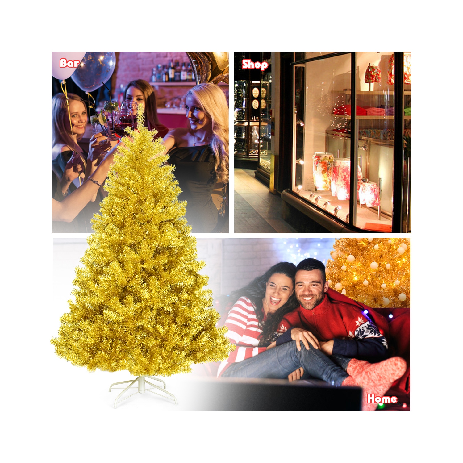 Costway 6ft Artificial Tinsel Christmas Tree Hinged w/1036 Tips Foldable Stand Champagne