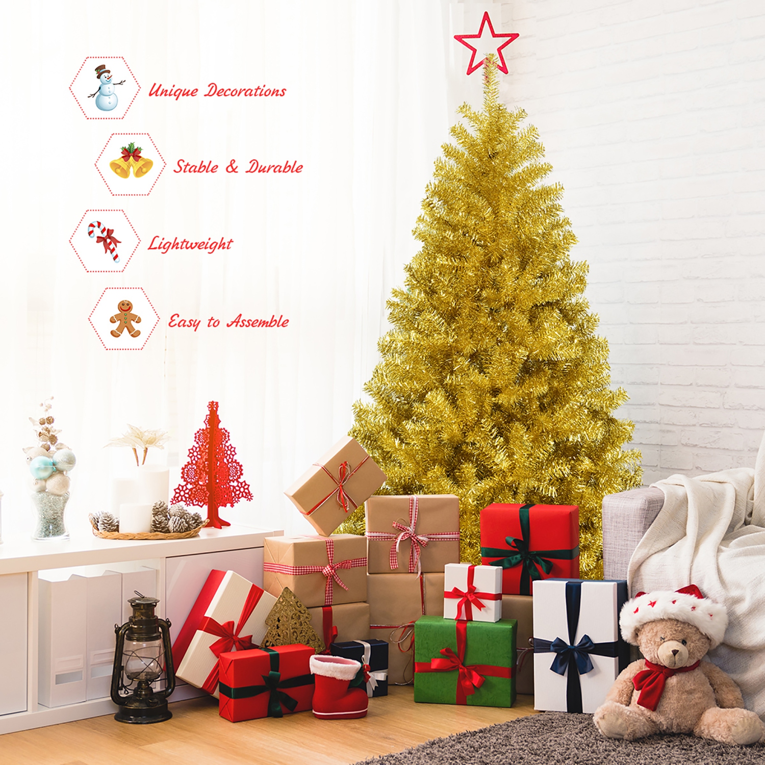 Costway 6ft Artificial Tinsel Christmas Tree Hinged w/1036 Tips Foldable Stand Champagne