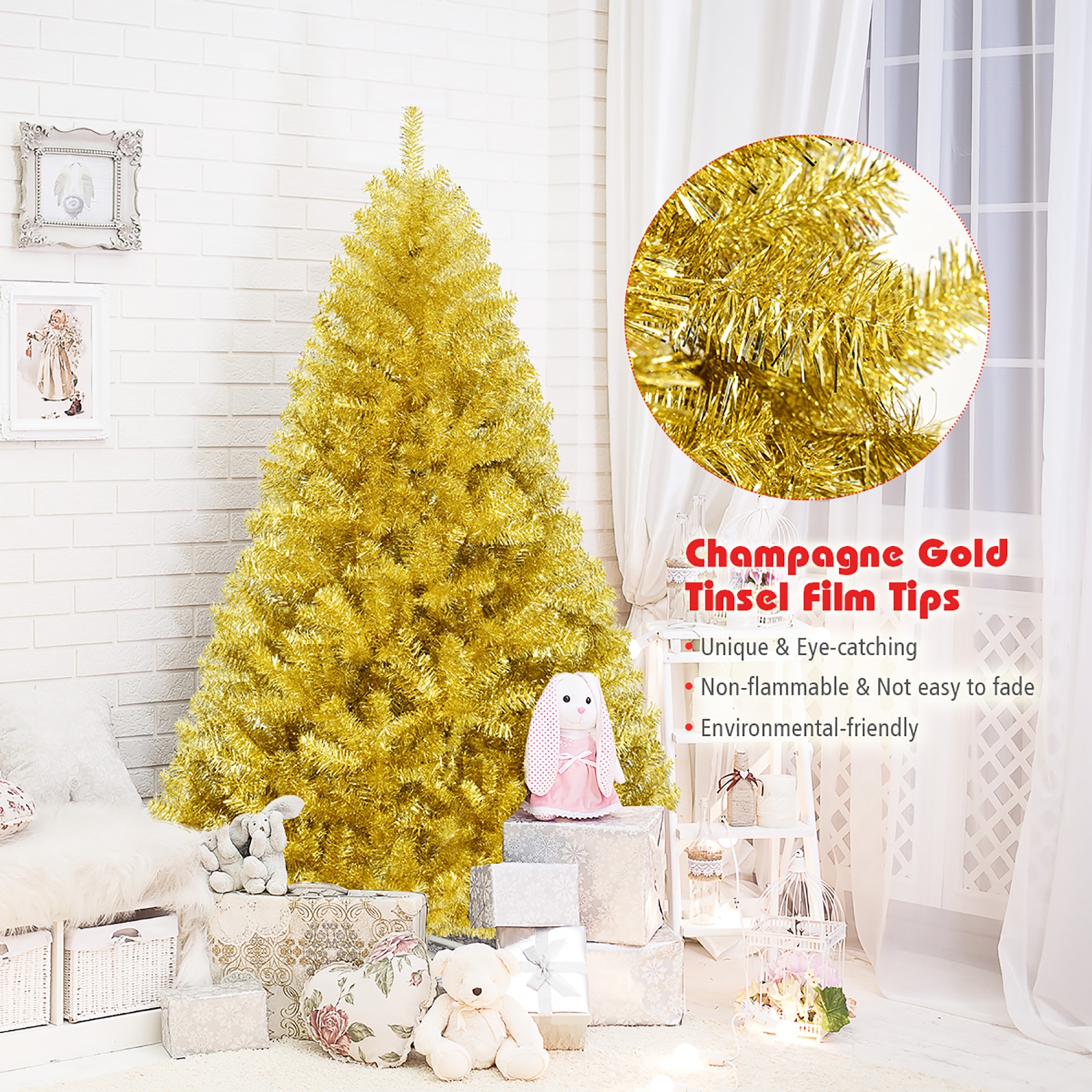 Costway 6ft Artificial Tinsel Christmas Tree Hinged w/1036 Tips Foldable Stand Champagne