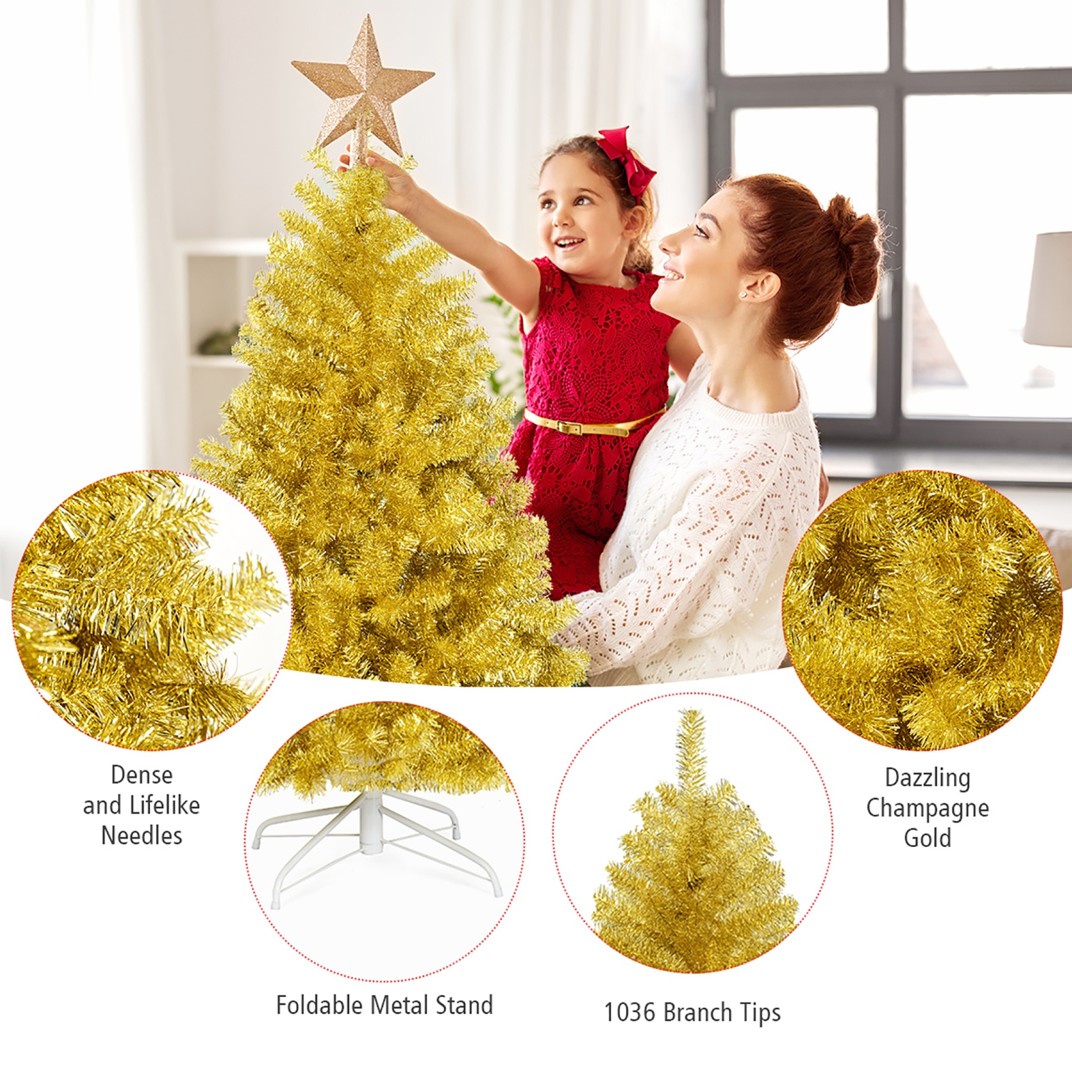 Costway 6ft Artificial Tinsel Christmas Tree Hinged w/1036 Tips Foldable Stand Champagne