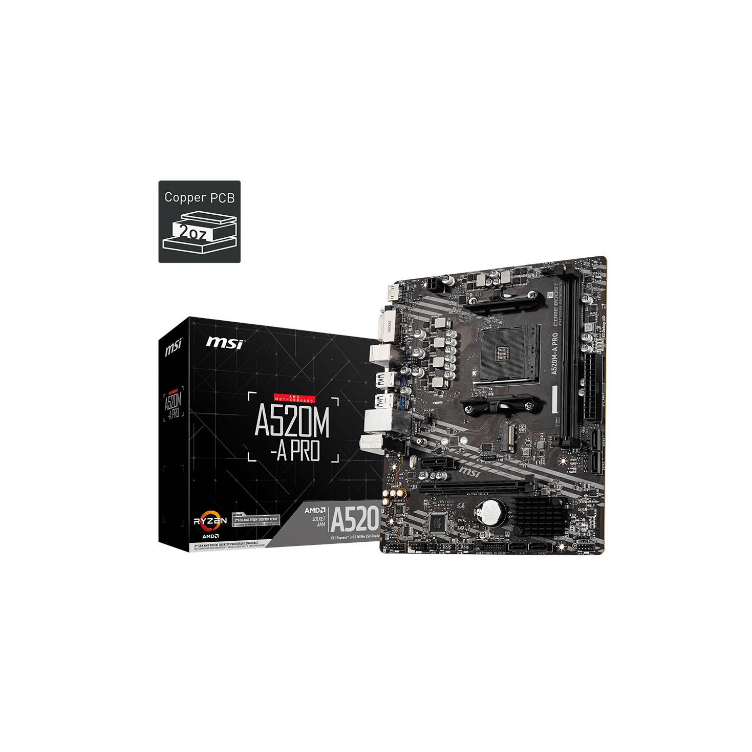 MSI A520M-A PRO Gaming Motherboard (Supports 3rd Gen AMD Ryzen CPU, AMD, AM4, DDR4, M.2, USB 3.2 Gen 1, HDMI, MATX)