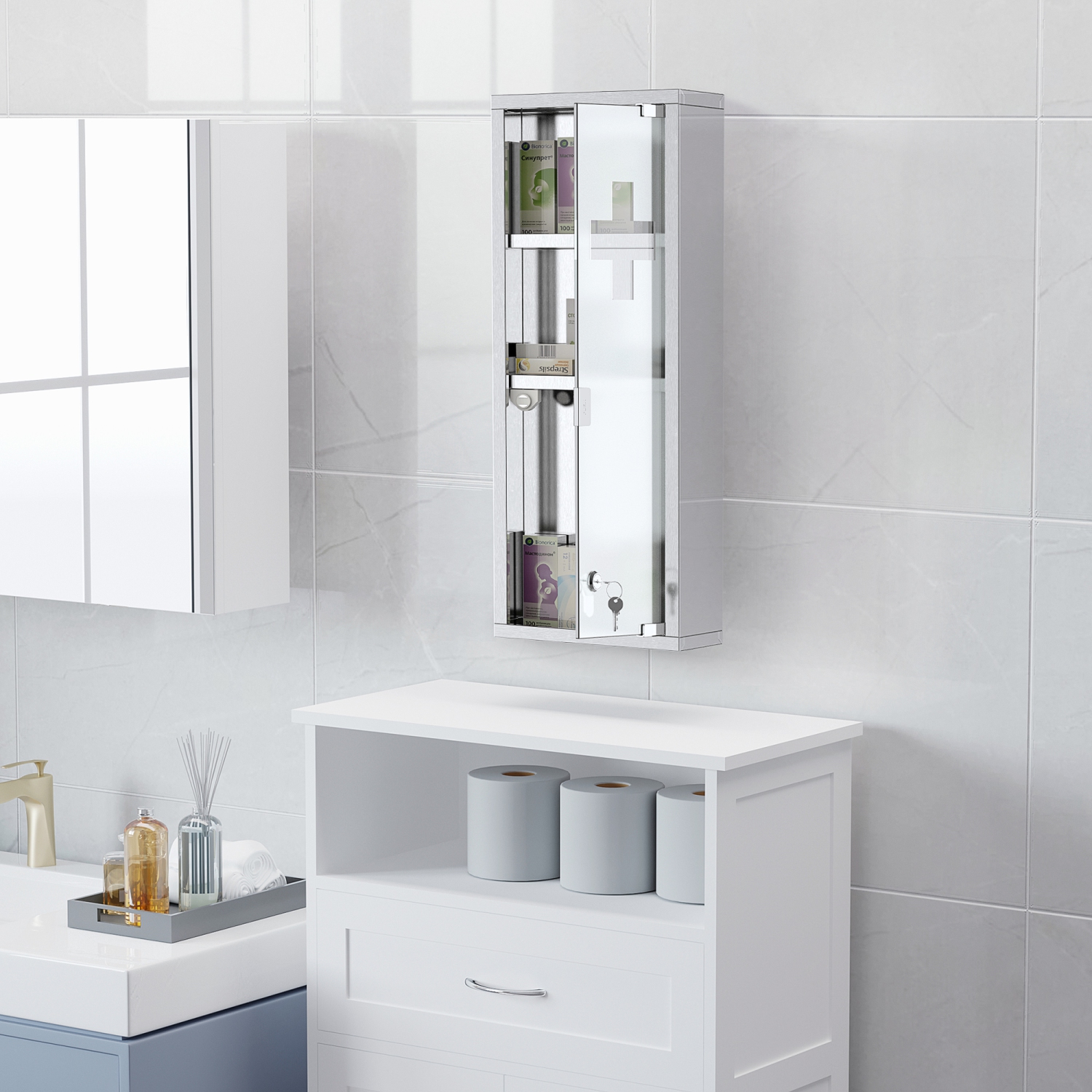 Armoire à pharmacie murale kleankin, armoire de salle de bain à 3 tablettes, cadre en acier inoxydable et porte en verre, verrouillable avec 2 clés,