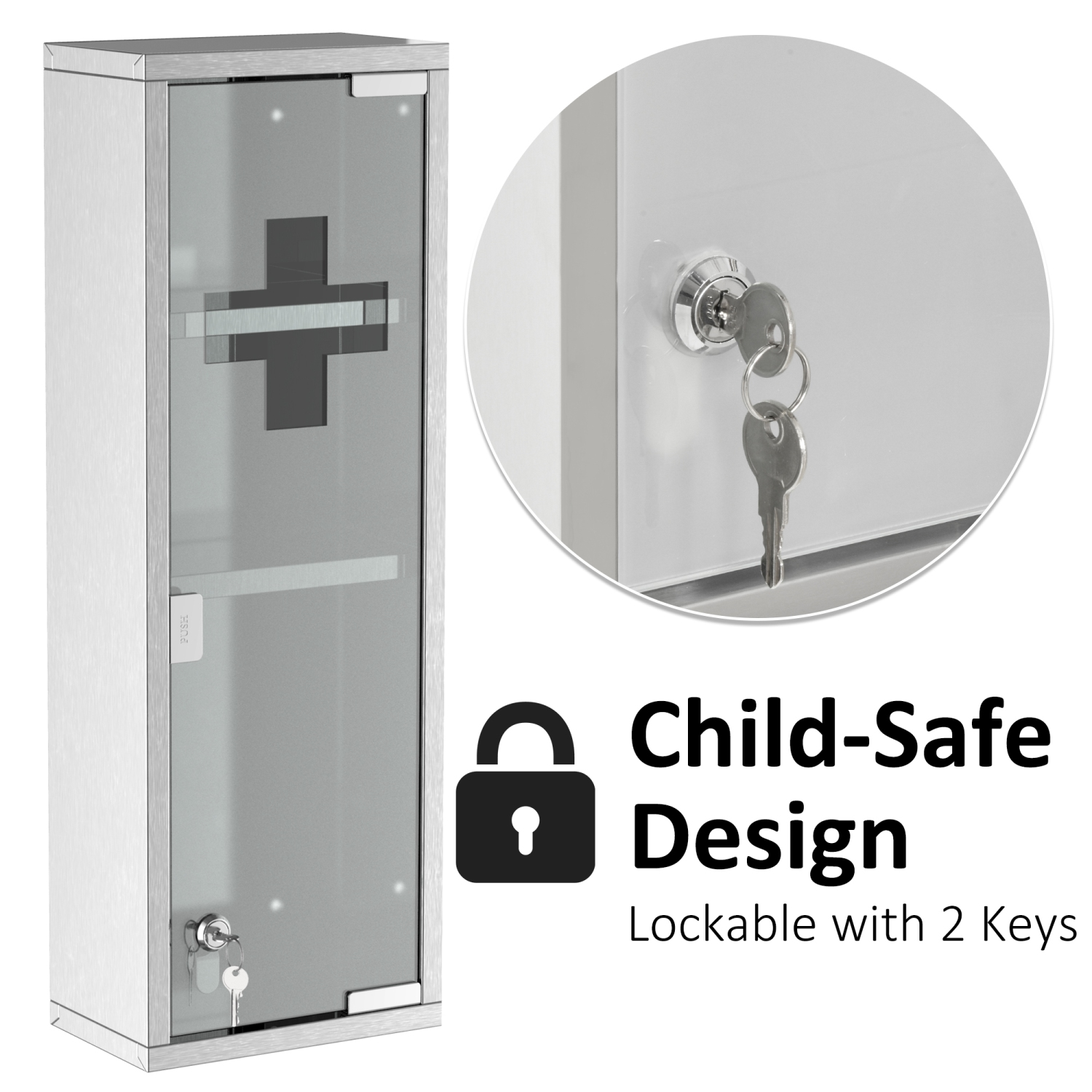 Armoire à pharmacie murale kleankin, armoire de salle de bain à 3 tablettes, cadre en acier inoxydable et porte en verre, verrouillable avec 2 clés,