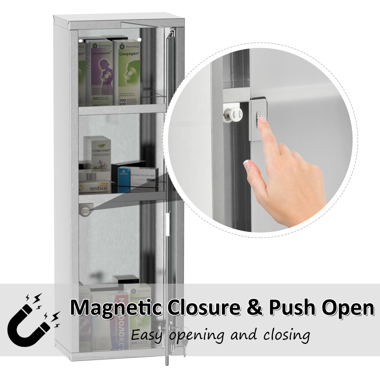 Armoire à pharmacie murale kleankin, armoire de salle de bain à 3 tablettes, cadre en acier inoxydable et porte en verre, verrouillable avec 2 clés,