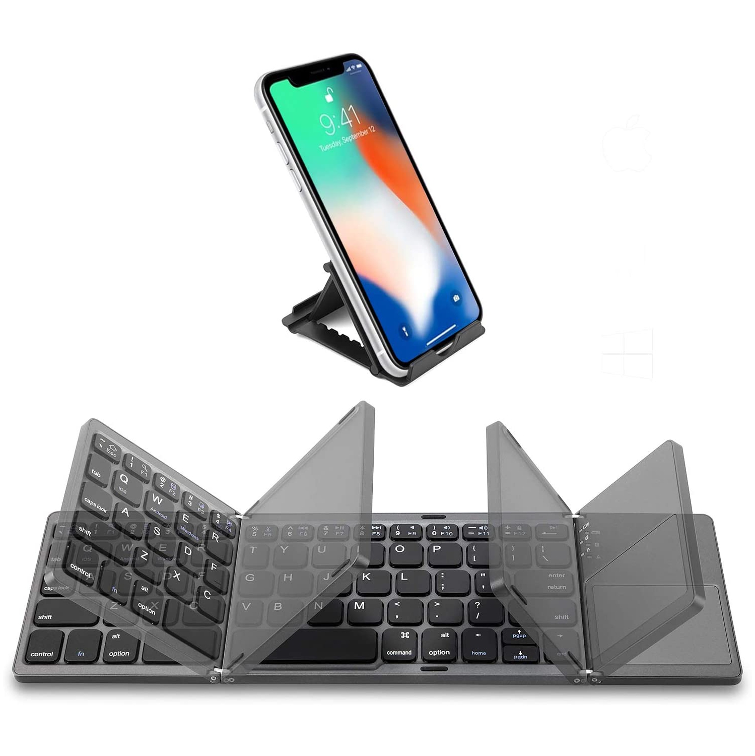 Foldable Bluetooth Keyboard with Touchpad - Samsers Portable Wireless Keyboard with Stand Holder, Rechargeable Full Size Ultra Slim Pocket Folding Keyboard for Android Windows IOS Tablet & Laptop-Gray