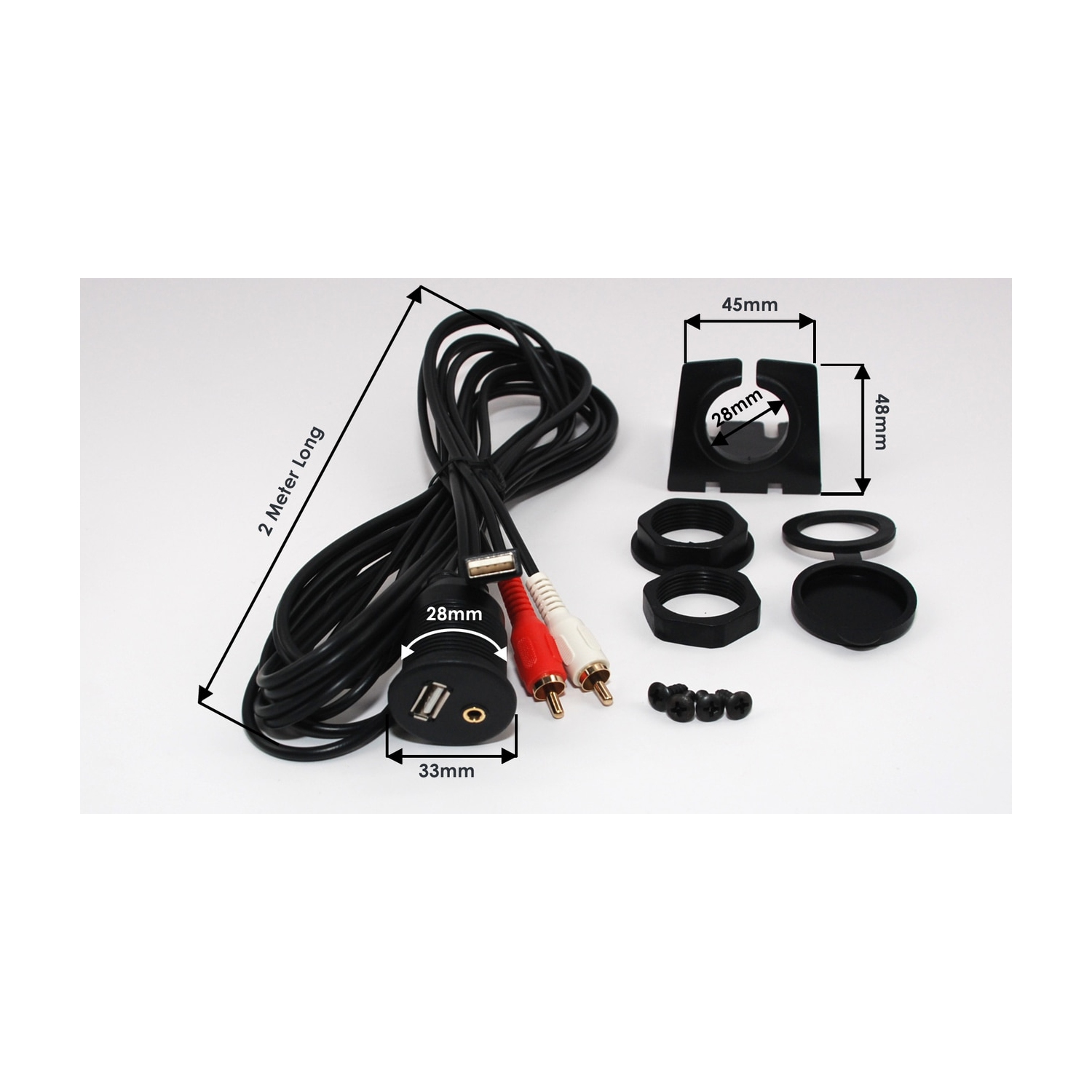 Xtenzi USB AUX RCA extension Flush Mount 2 Meter Cable , Car Bike Boat Motercycle