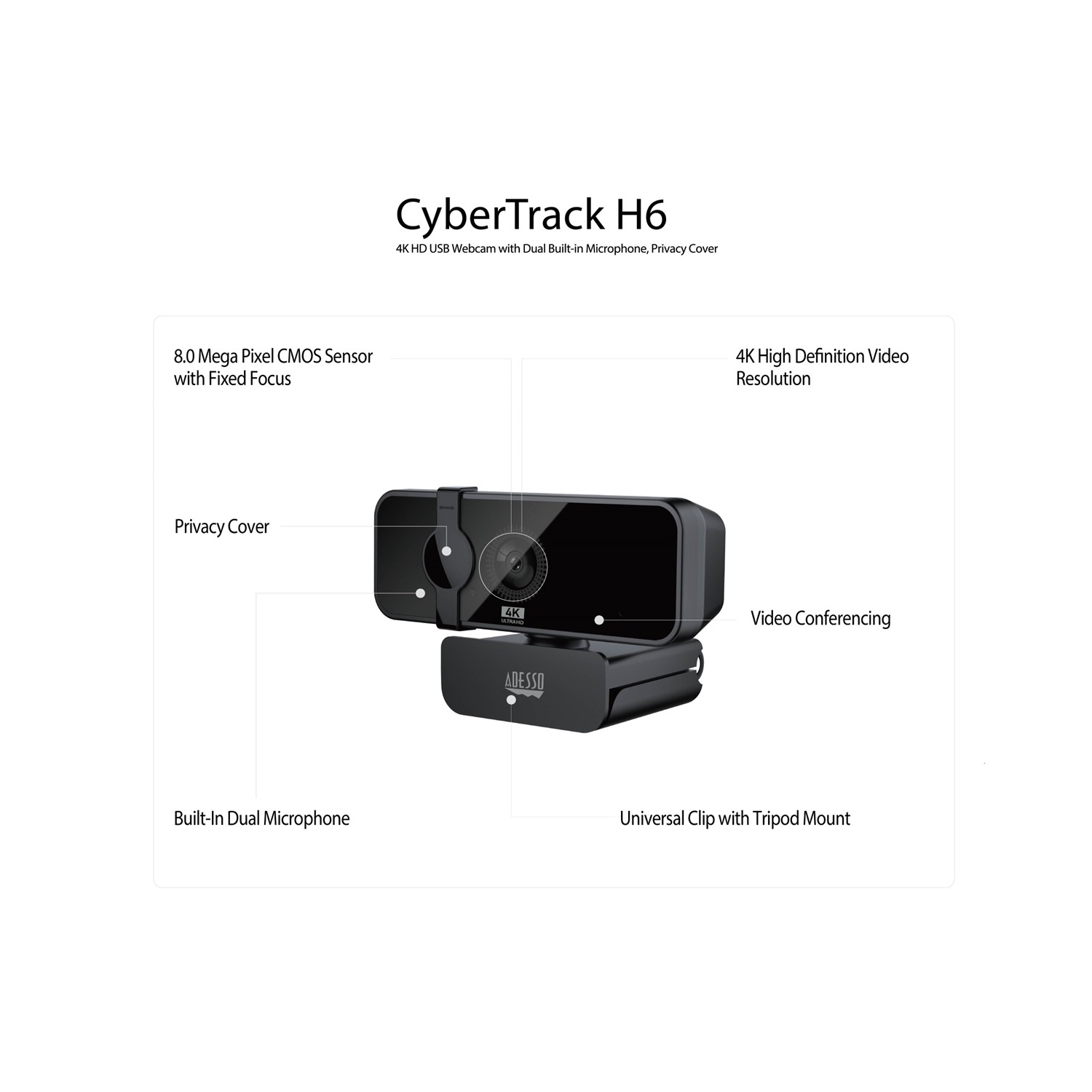Adesso CyberTrack H6 4K Ultra HD USB 2.0 Webcam with Built-in Dual Microphone & Privacy Shutter Cover - 8 Megapixel - 30 fps - Black